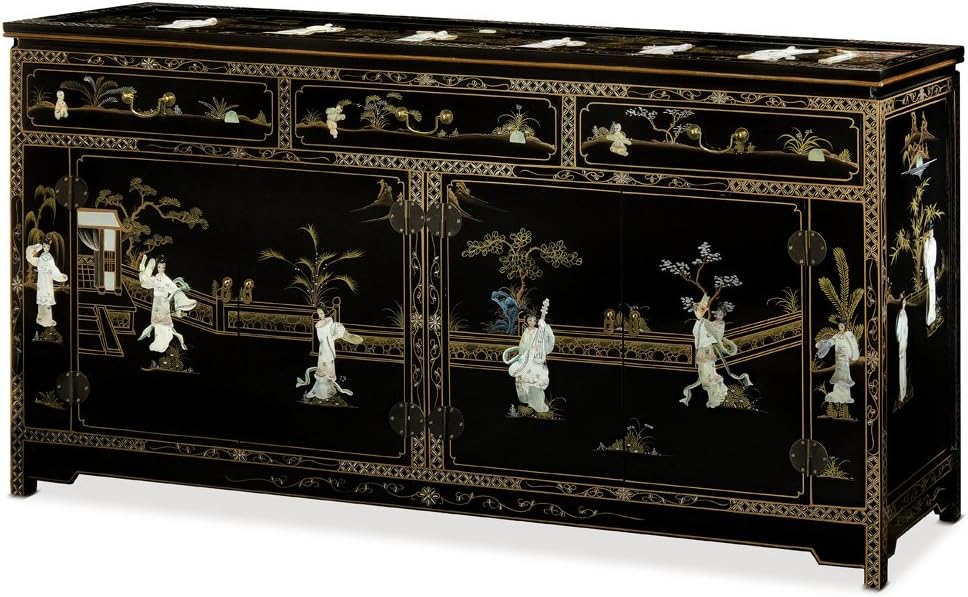 China Furniture Online Wooden Asian Sideboard, Black Lacquer Chinoiserie with Mother of Pearl Maiden