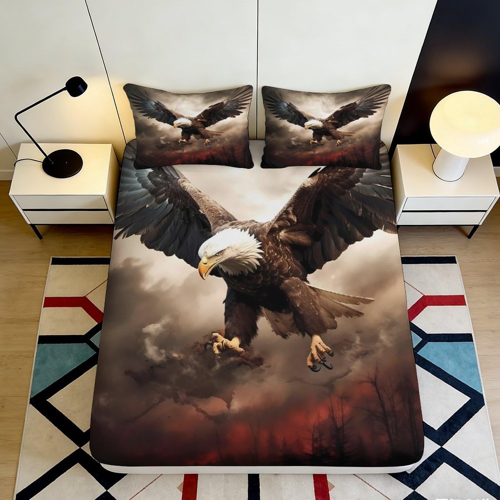 3D Printed Eagle Sky Fitted Sheet Microfiber Soft Breathable Wild Bird Bed Cover for Bedroom Dorm Mattress Protection Decor 90x200x25cm
