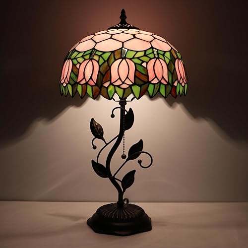 Miniatura 8 de Tiffany Lamp Pink Tulip Style Stained Glass Table Lamp Desk Bedside Reading Light 12X12X19 Inches with Metal Leaf Base
