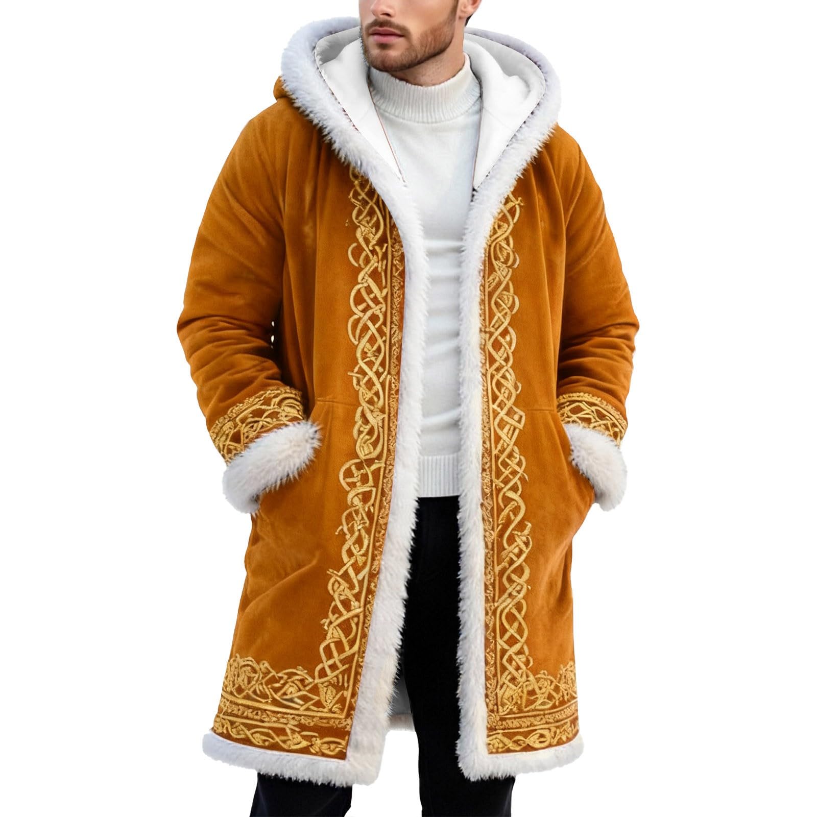 Santa Claus Costume Men's Christmas Costume Men's Funny Christmas Fleece Hoodie Oversize Christmas Jacket Warm Soft Cardigan Festive Party Coat Xmas Hooded Coat with Hood, O Orange, 4XL