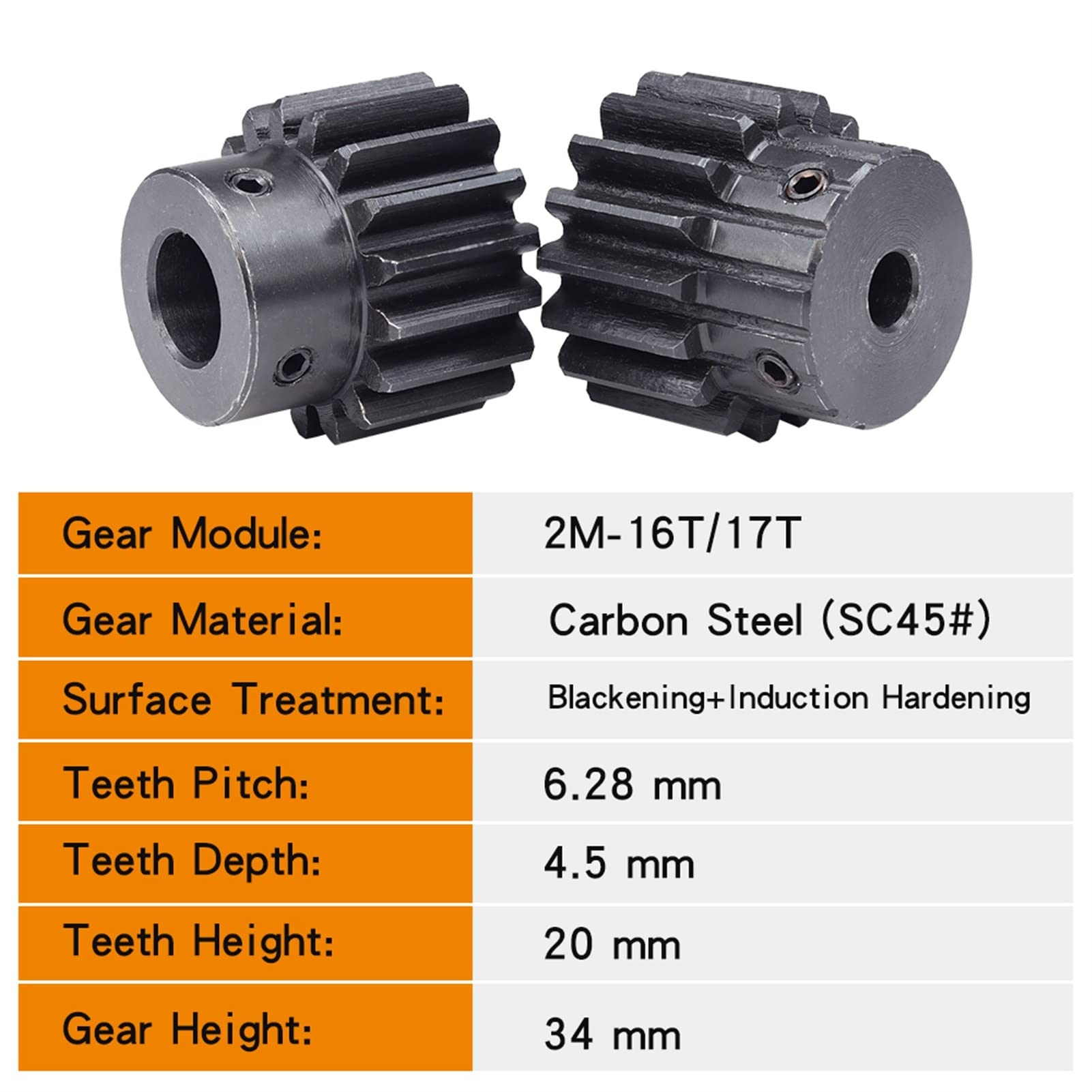 Zahnradsatz, Ritzel, 1 Stück, 2M, 16 Zähne, 17 Zähne, Stirnrad, 8 mm, 19 mm Bohrung, 2 Module, 16 Zähne, 17 Zähne, Ritzel, Schwärzung, 45 Kohlenstoffstahl, Getriebezahnräder, Bohrung, Welle(2M 16T Bor