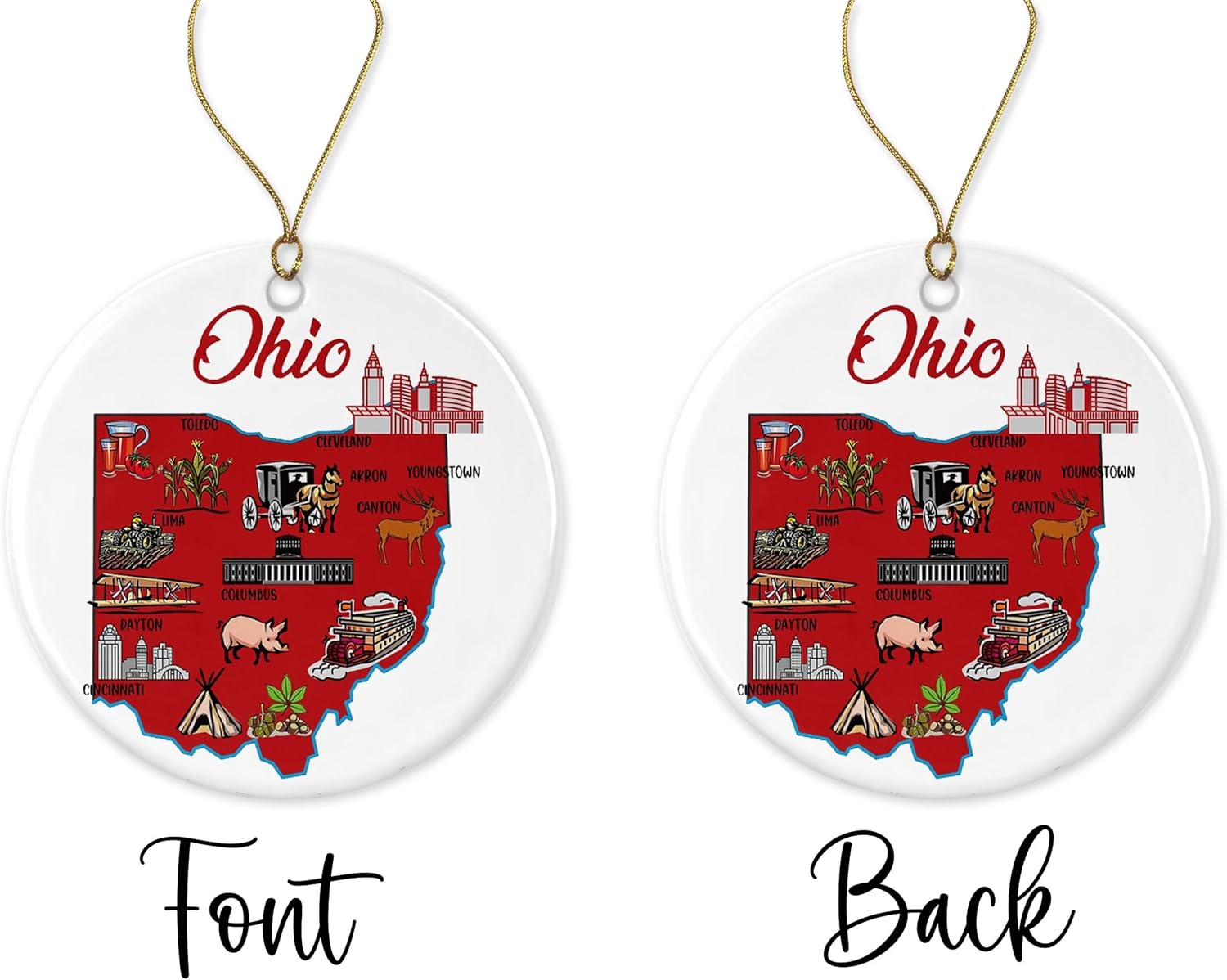 PTDShops Ohio State USA Ornament - Travel Souvenir Collection, America Christmas 2023, Xmas Tree Hanging Decorations, State Souvenir Ceramic Ornament Printed on Both Sides - Image 2