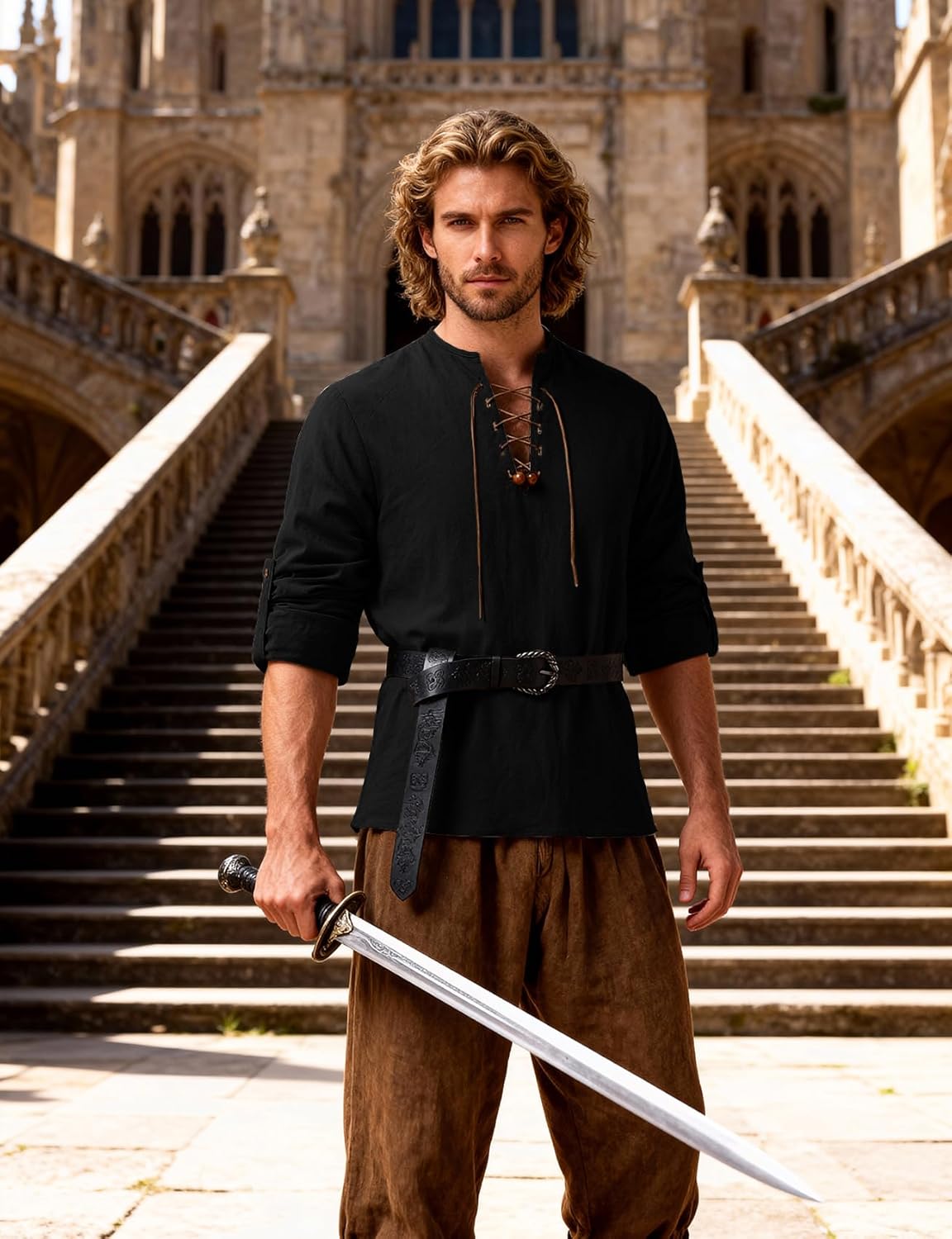 JEMITOP Men's Renaissance Pure Cotton Lace Up Shirt V-Neck Long Sleeve Retro Costume for Medieval Pirate Viking Without Belt - Image 3