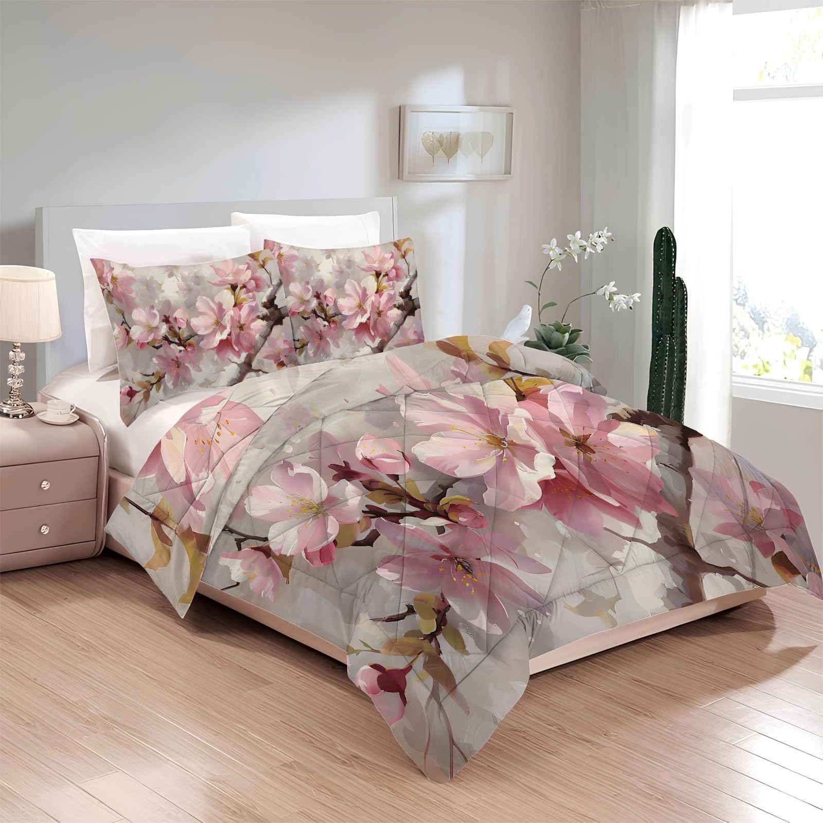 Piumino Letto Matrimoniale 4 Stagioni 220x240 cm, Fiori Rosa Reversibile Piumone Leggero 240x220 cm, Piante Primaverili Coperta Trapunta in Microfibra con 2 Federe, Lavabile in Lavatric