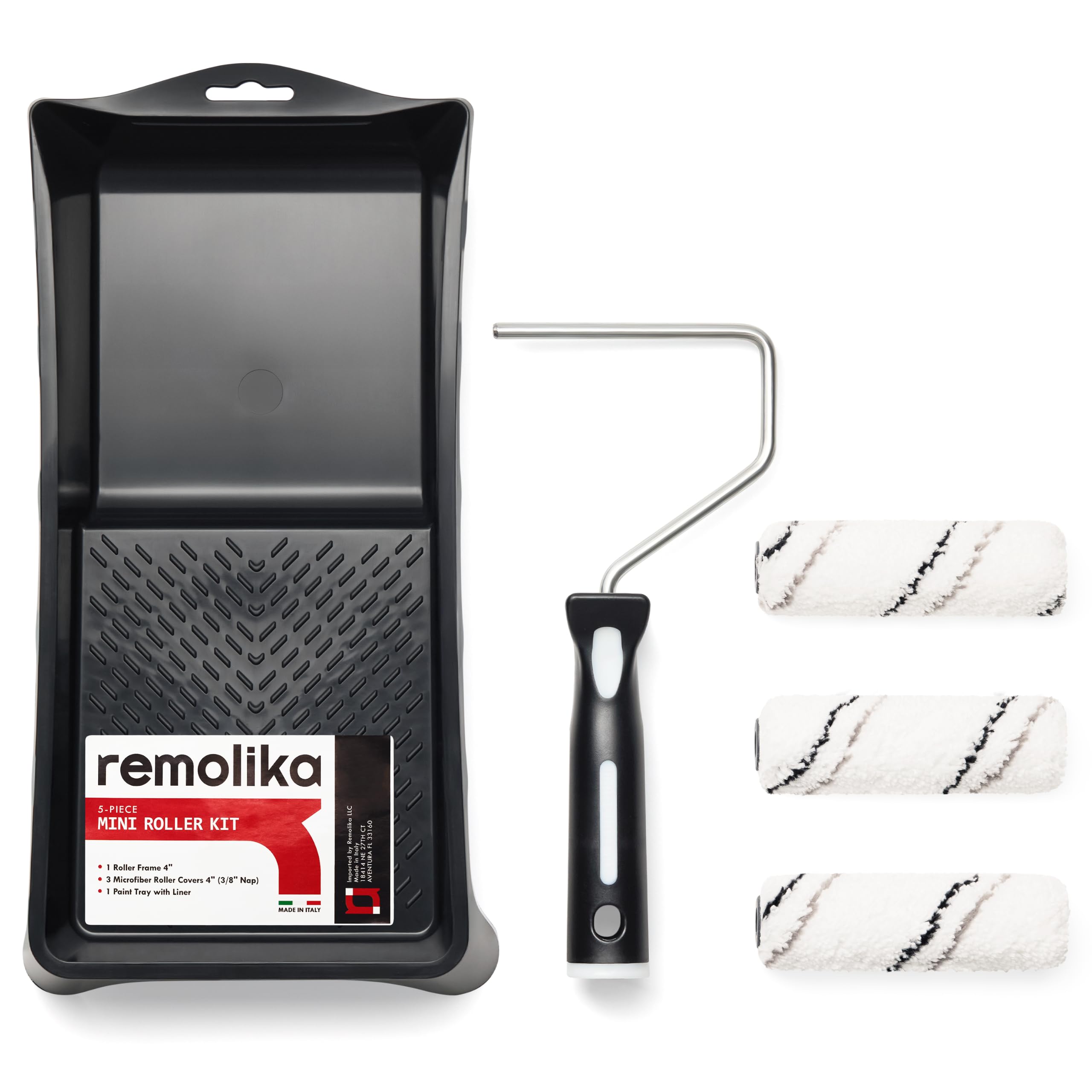 Kit de 5 mini rodillos de pintura, fabricado en Portugal, 3 cubiertas de rodillo de microfibra de alta calidad de 4 pulgadas, un marco de rodillo y una bandeja de pintura, para profesionales
