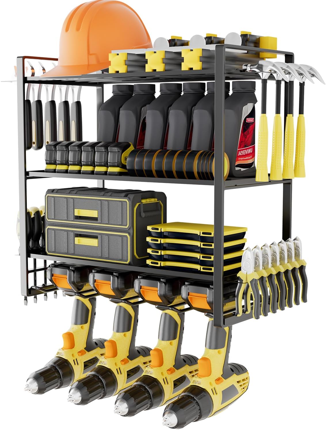 Power Tool Organizer Wall Mount, 4 Layers Garage Tool Storage Rack with 8 Drill Holders, 600Lbs Capacity Cordless Tool Holder for Drill, Power Tool, and Garage Tool Storage (4 Layers-8 Slots)