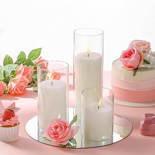 Miniatura 5 de Shihanee Juego de 3 velas de pilar blancas y 3 portavelas cilíndricos de vidrio para velas delgadas, centros de mesa de boda, día de San Valentín
