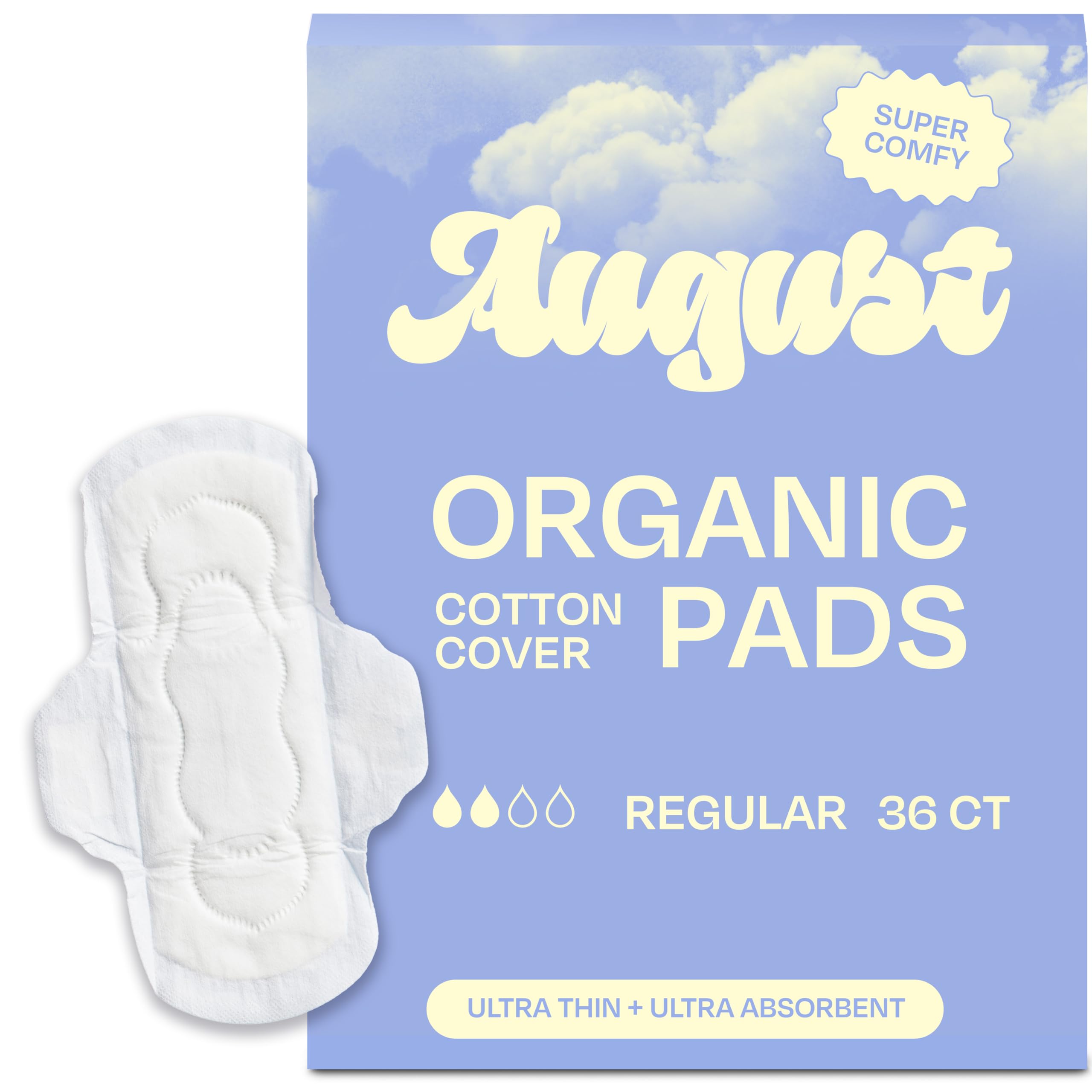 Regular Cotton Menstrual Pads, 36-Pack Ultra Thin Pads with Wings, Hypoallergenic Sanitary Napkins with Organic Cotton Topsheet, Compostable Wrappers, Toxin Free, Fragrance Free