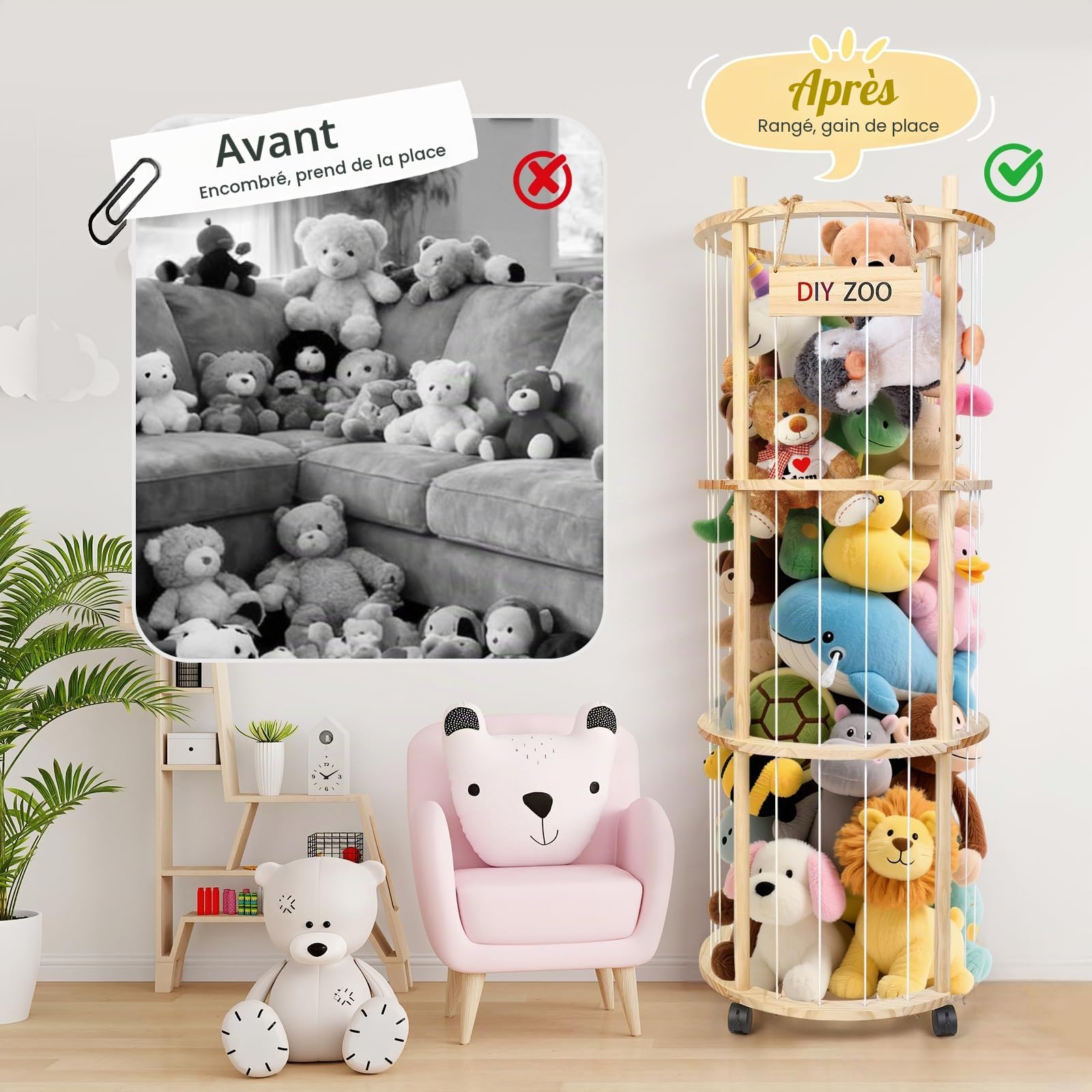 Rangement pour peluches, avec frein à 360°, roues équipées de freins à 360°, 130 x 48,2 x 30 cm, pour chambre d'enfant, salle de jeux, salon, etc. (rond)