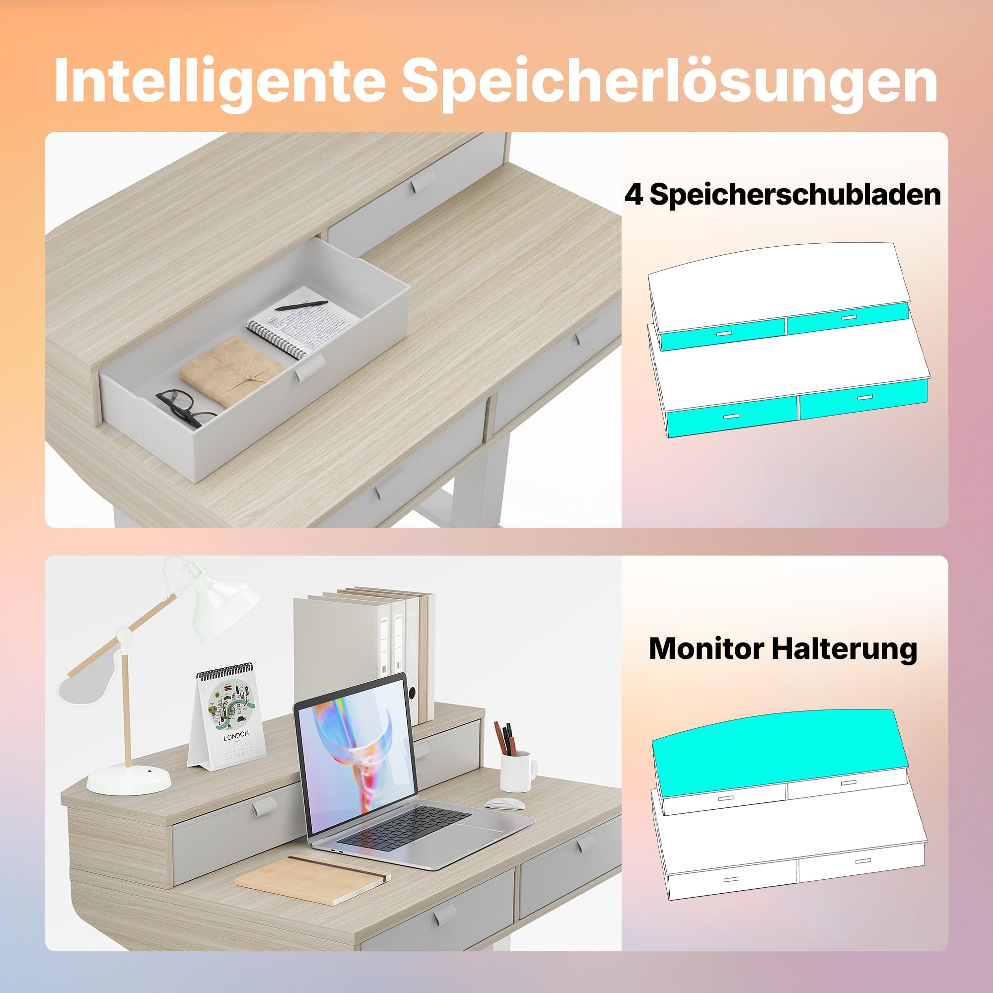 HUANUO 80 x 53 cm Höhenverstellbarer Schreibtisch mit Schubladen | kompatible C-Klemme-Halterung, 4 Gedächtnis-Höheneintellungen
