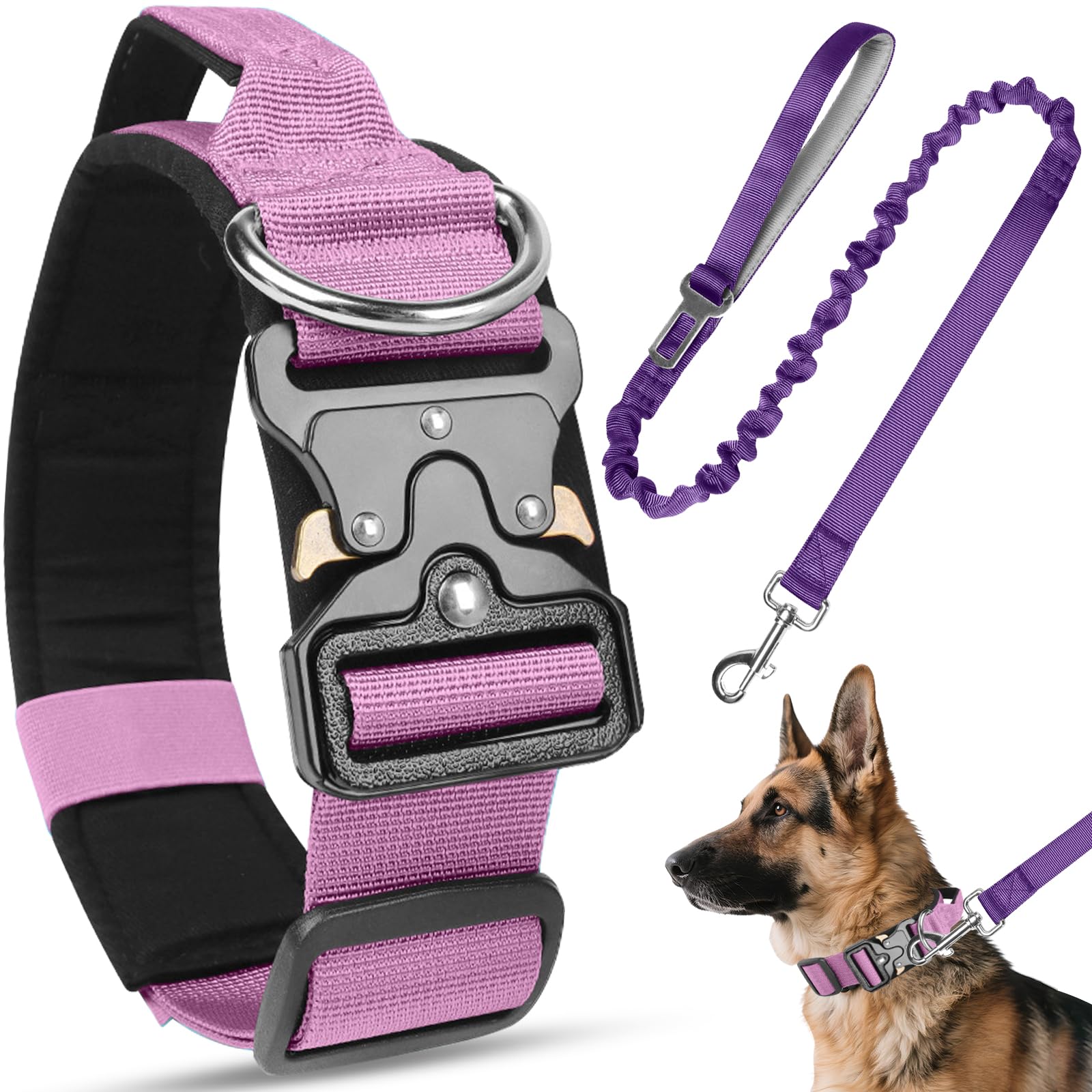Viugex Taktisches Hundehalsband mit Leine, Verstellbares Militär Hundehalsband mit Griff und Metallschnalle, Dick und Langlebig Dog Collar für Kleine Mittlere Große Hunde (Lila, L)