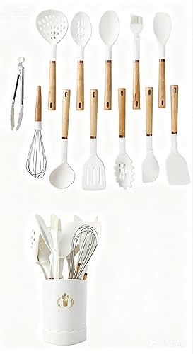 Juego de utensilios de cocina de silicona, juego de 13 utensilios de cocina para cocinar, juego de espátulas sin BPA con asas de madera resistentes
