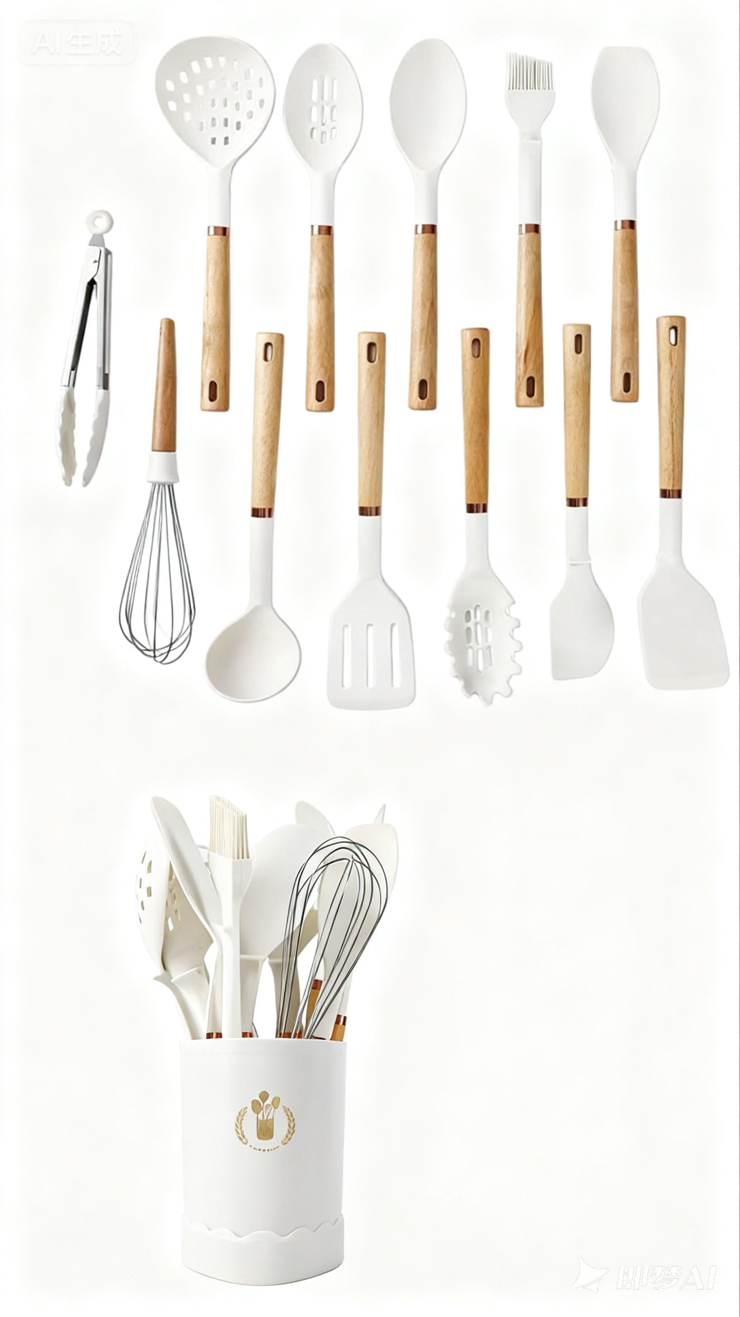 Set di 13 utensili in silicone con manico in legno, antiaderenti, lavabili in lavastoviglie, utensili da cucina senza BPA, resistenti al calore (230 °C/230 °C) padella in ceramica sicura