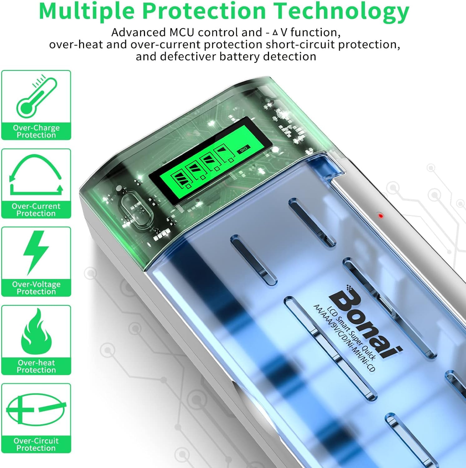 BONAI Universal Akkuladegerät für NI-MH AA AAA C D & Li-Ion 9V Batterien, Schnellladegerät mit LCD-Display & Entladefunktion, Einzelschachtüberwachung 4 Slots