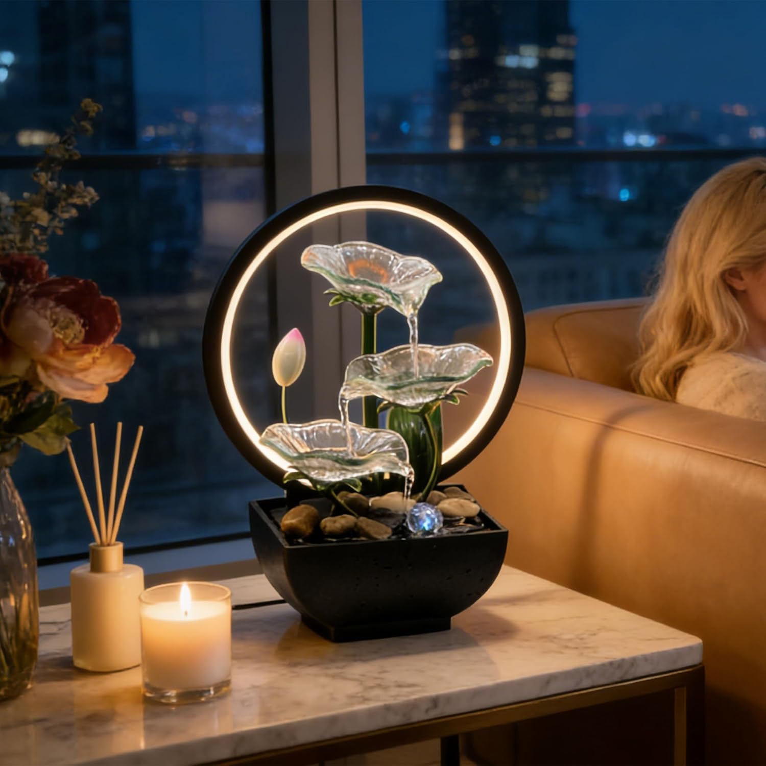 AOZITA Tabletop Water Fountain,3-Tier Transparent Glass Lotus Leaf Zen Fountain,Indoor Water Feature with Lotus Bud & LED Ring Light & Bead for Home Office Decor,Relaxing Water Sound,Feng Shui Decor