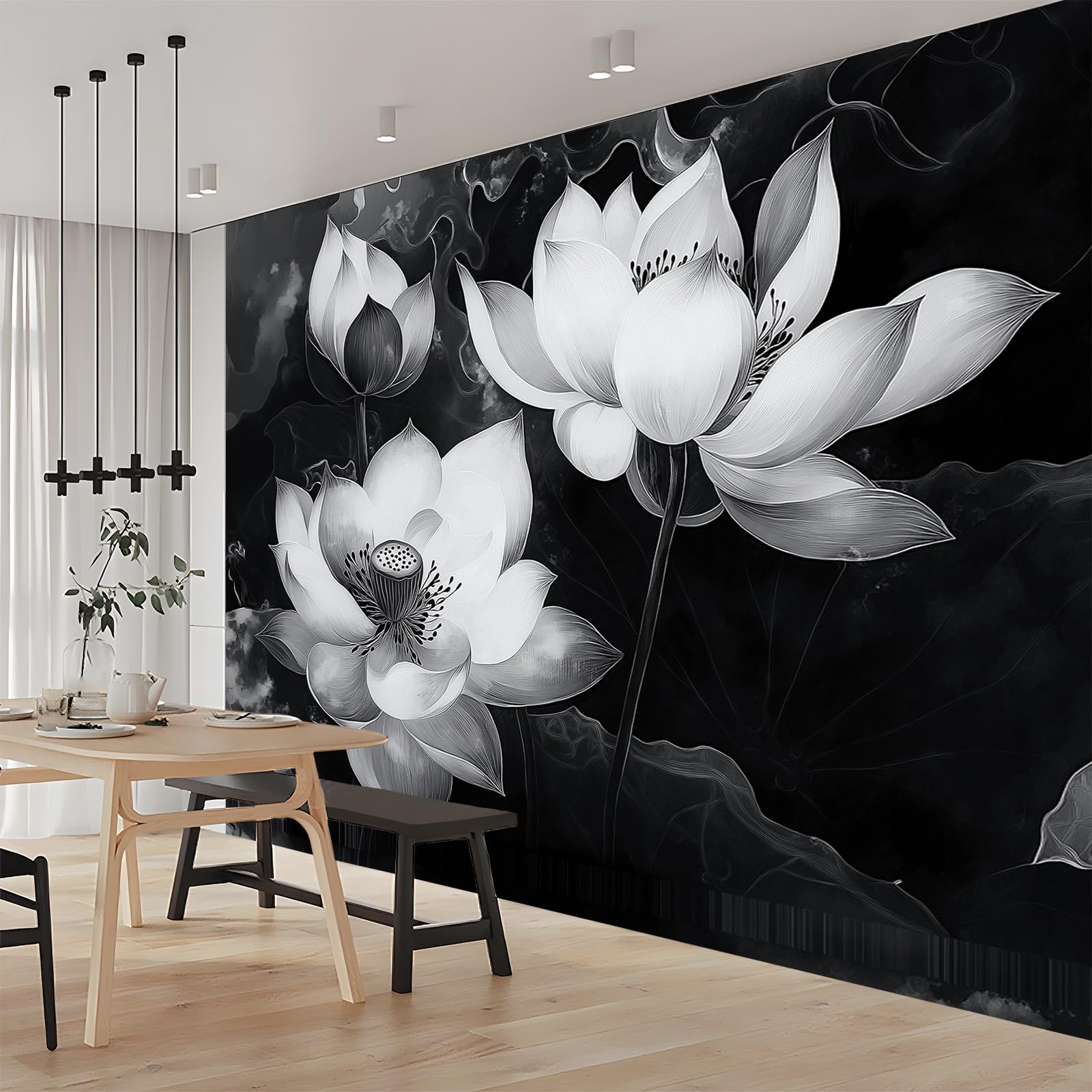 Tapeta kwiatowa Lotos Sztuka Czarny Biały 250 x 175 cm (szer. x wys.) , Fototapety z włókniny Nowoczesne tapety, malowidła ścienne Plakat z efektem 3D Wodoodporne fototapety do kuchni łazienki pokoju