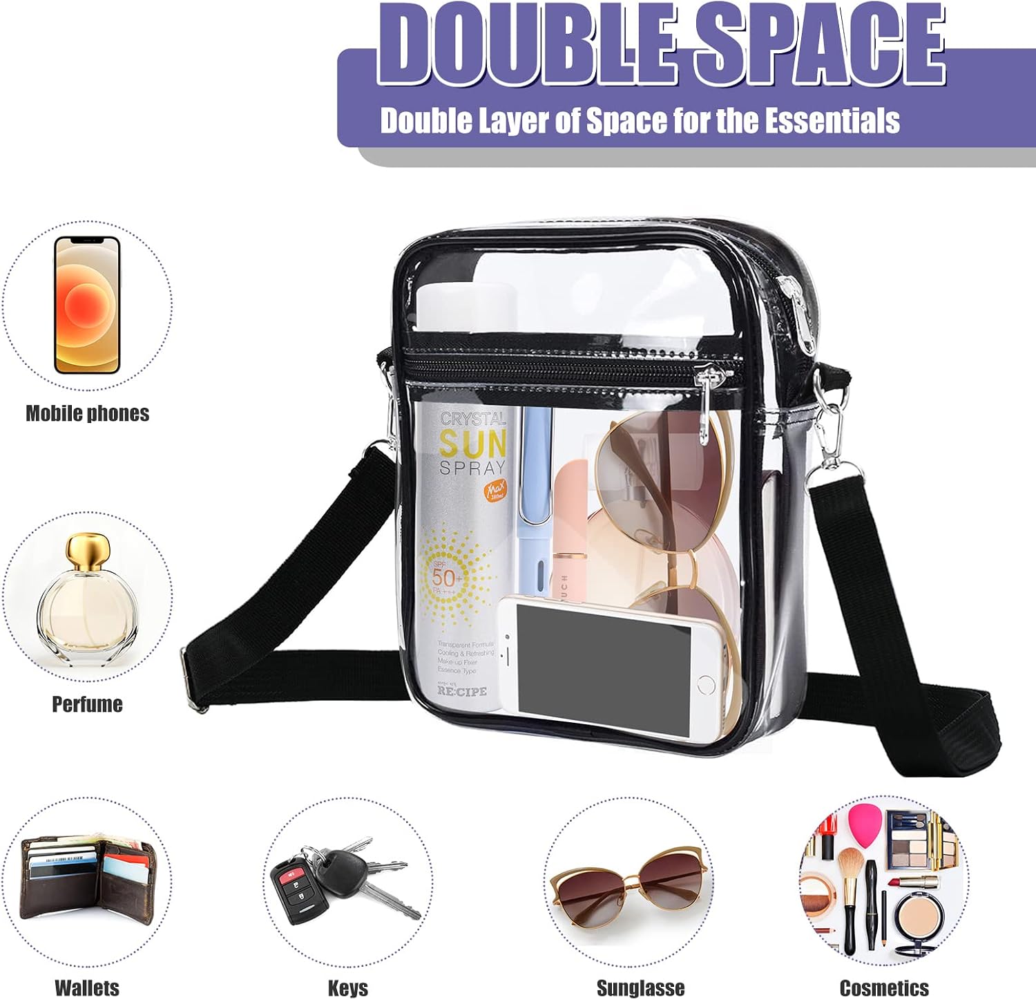 AURUZA 1 PACK or 2 PACK Clear Purse Stadium Approved Clear bag Crossbody Bag, Adjustable Shoulder Strap for Concerts Sport