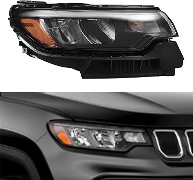 XIJIE Headlight Headlamp Assembly Compatible With 2022 2023 2024 Jeep Compass Halogen w/LED DRL Passengers Right Side Chrome Housing Clear Lens RH