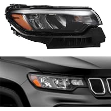 XIJIE Headlight Headlamp Assembly Compatible With 2022 2023 2024 Jeep Compass Halogen w/LED DRL Passenger's Right Side Chrome Housing Clear Lens RH