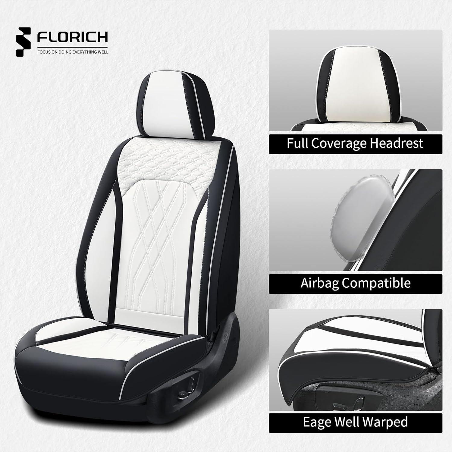 FLORICH Leather Cars Seat Covers Front Pair Seat Covers for Car Waterproof Automotive Seat Cover Vehicle Seat Interior Cushion Universal Fit for Most Car Truck SUV, Black&White