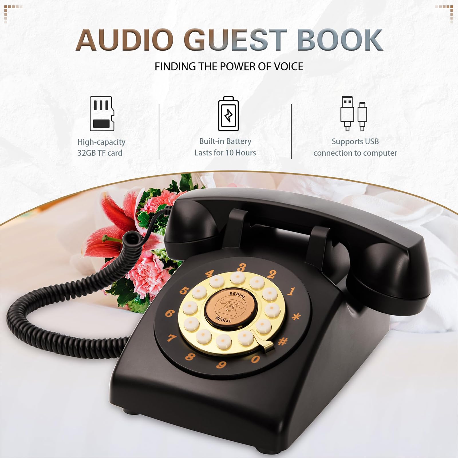 Księga gości audio Telefon ślubny - Dostosowane wiadomości audio Poczta głosowa na wesela, przyjęcia i wydarzenia specjalne