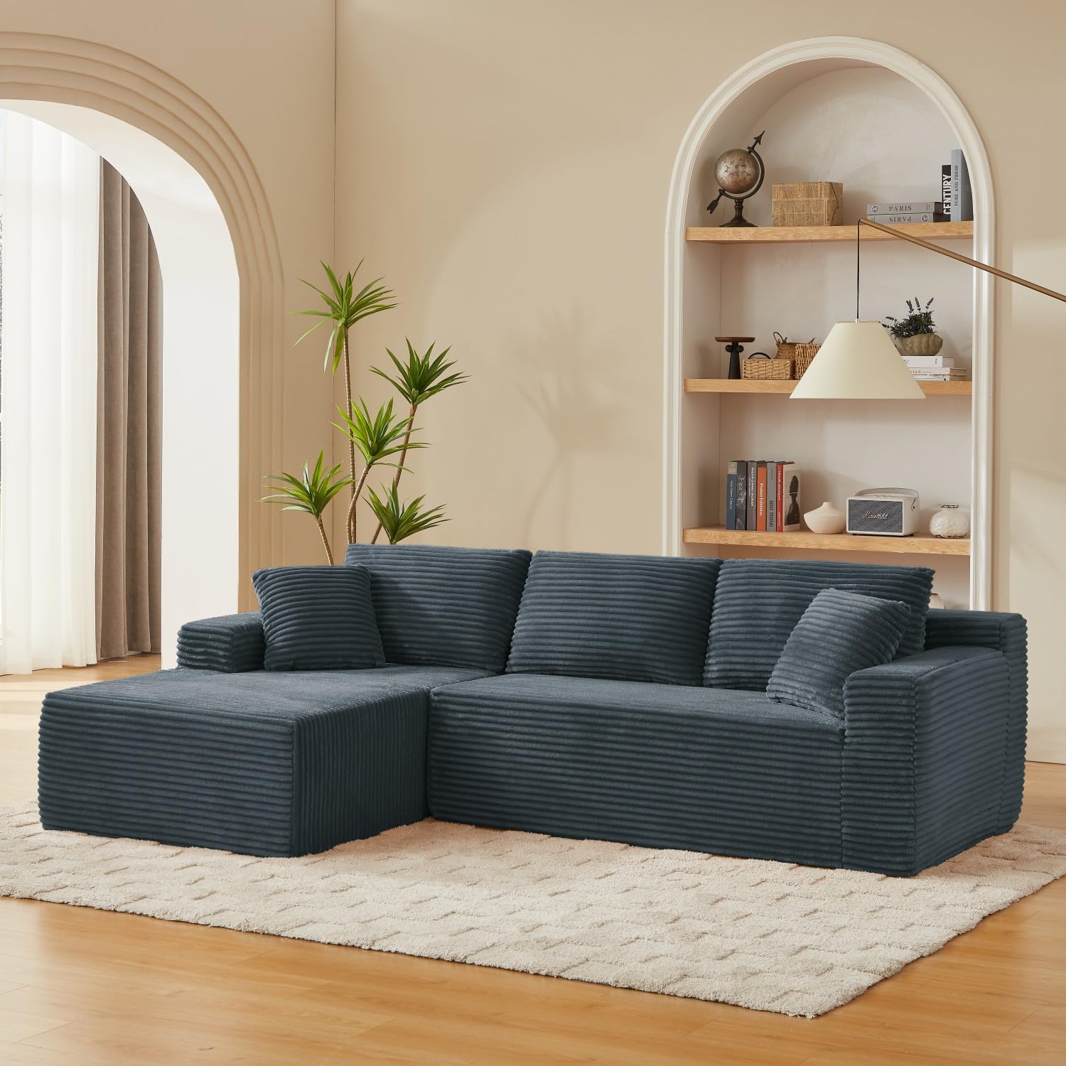 Sofá esquinero en forma de L de 4 plazas, sofá modular de pana con taburete, cómodo sofá de salón con 2-6 almohadas, ahorra espacio para salón y apartamentos, 256 x 134 cm (gris-izquierda)