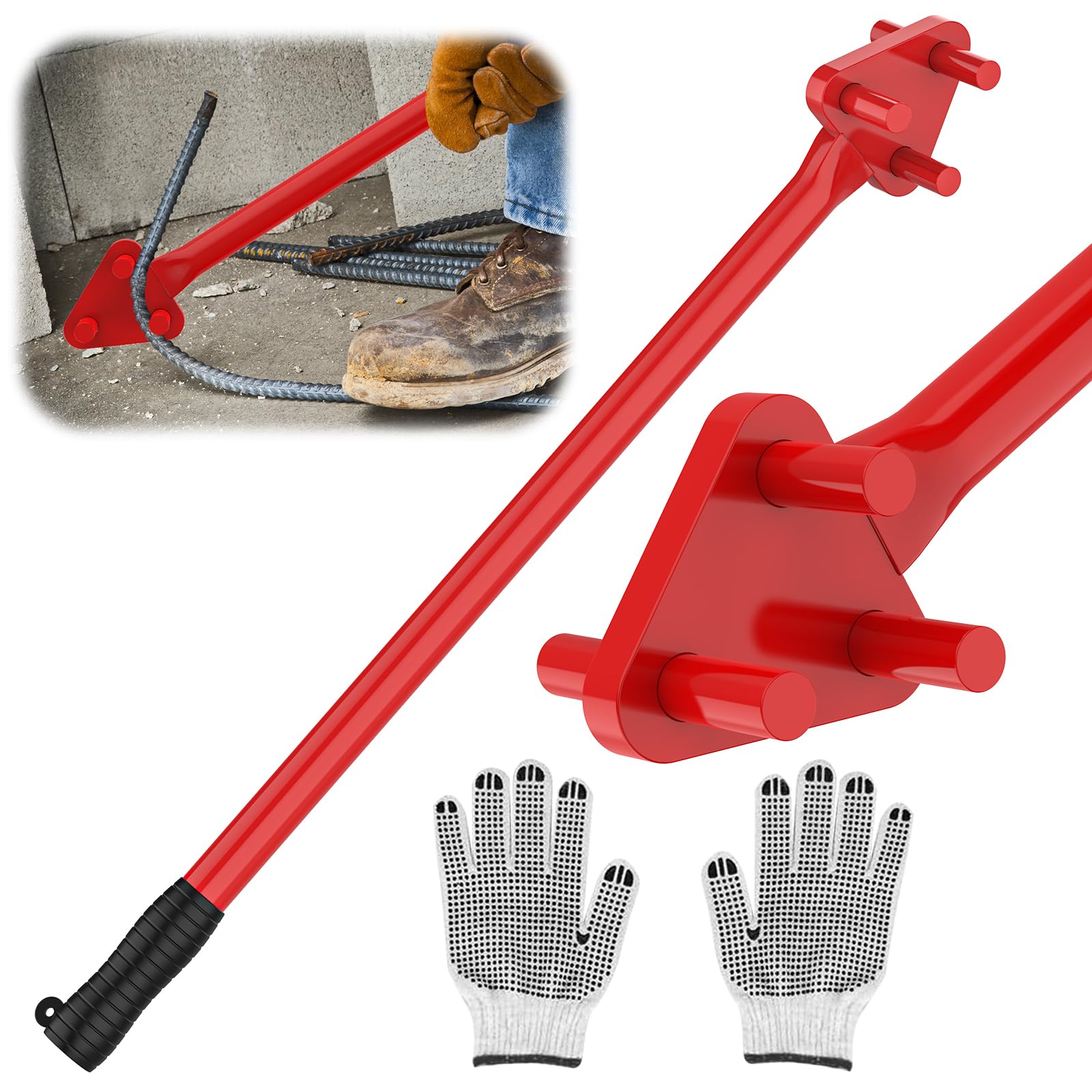 Manual Rebar Bender for 5/8" Bars - Hand Operated Metal Bending Tool with Reverse Head, Ideal for Flat Steel and Steel Rods, Red