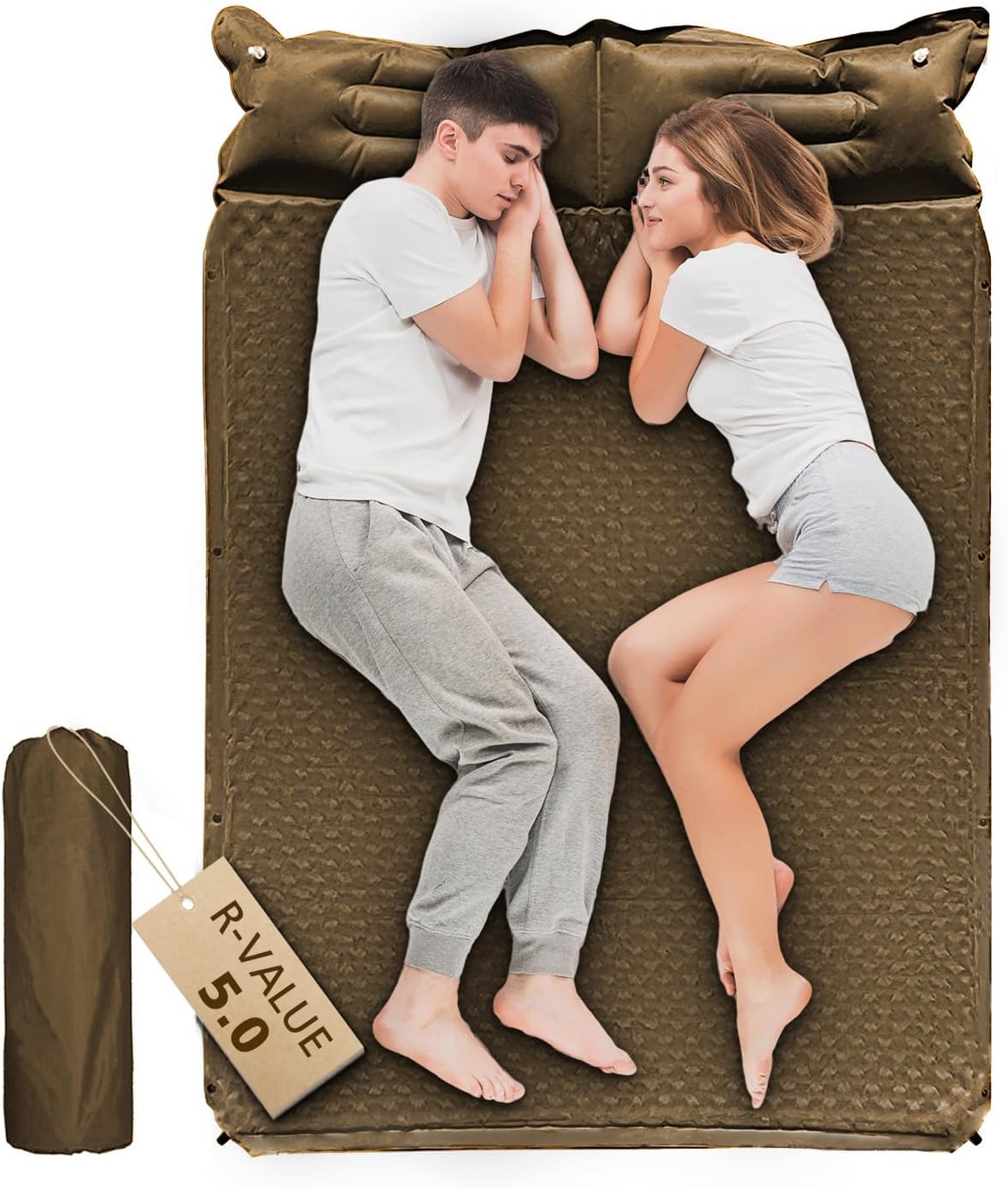WILD FUN Double Sleeping Pad, 2in Camping Mattress 2 Person with Pillow, 5R Suede Insulated Self Inflating Camping Pad, Air Mattress Inflatable Sleeping Mat for Backpacking,Hiking(Khaki)