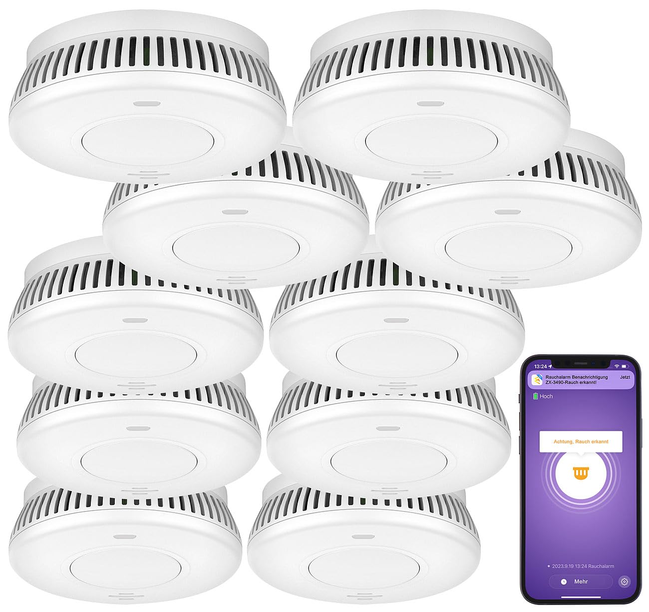 VisorTech sensori di rilevamento fumi: Set da 10 Rilevatore di fumo Wi-Fi, batteria integrata da 10 anni, 85 dB (allarme antincendio, rilevatore fumo wifi)