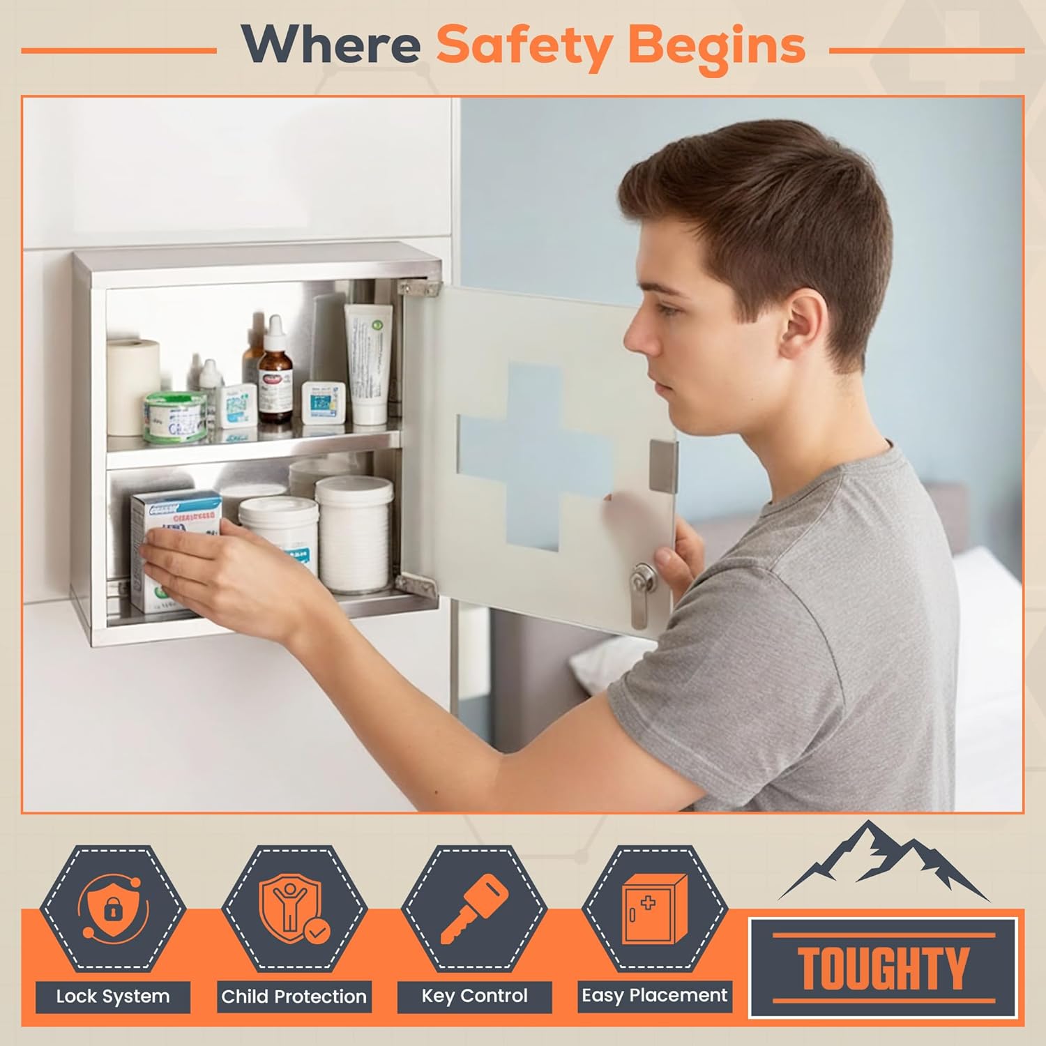 Toughty Locking Medical Cabinet - Wall-Mounted First Aid Organizer for Medical Storage - Secure Metal First-Aid Cabinet for Bathroom, Kitchen & RV - Stainless Steel Wall Storage w/ 2 Shelves, Medium