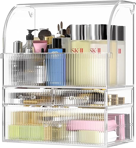 Organizador de maquillaje para el cuidado de la piel, organizador de cosméticos de gran capacidad con caja de 2 capas, a prueba de polvo e