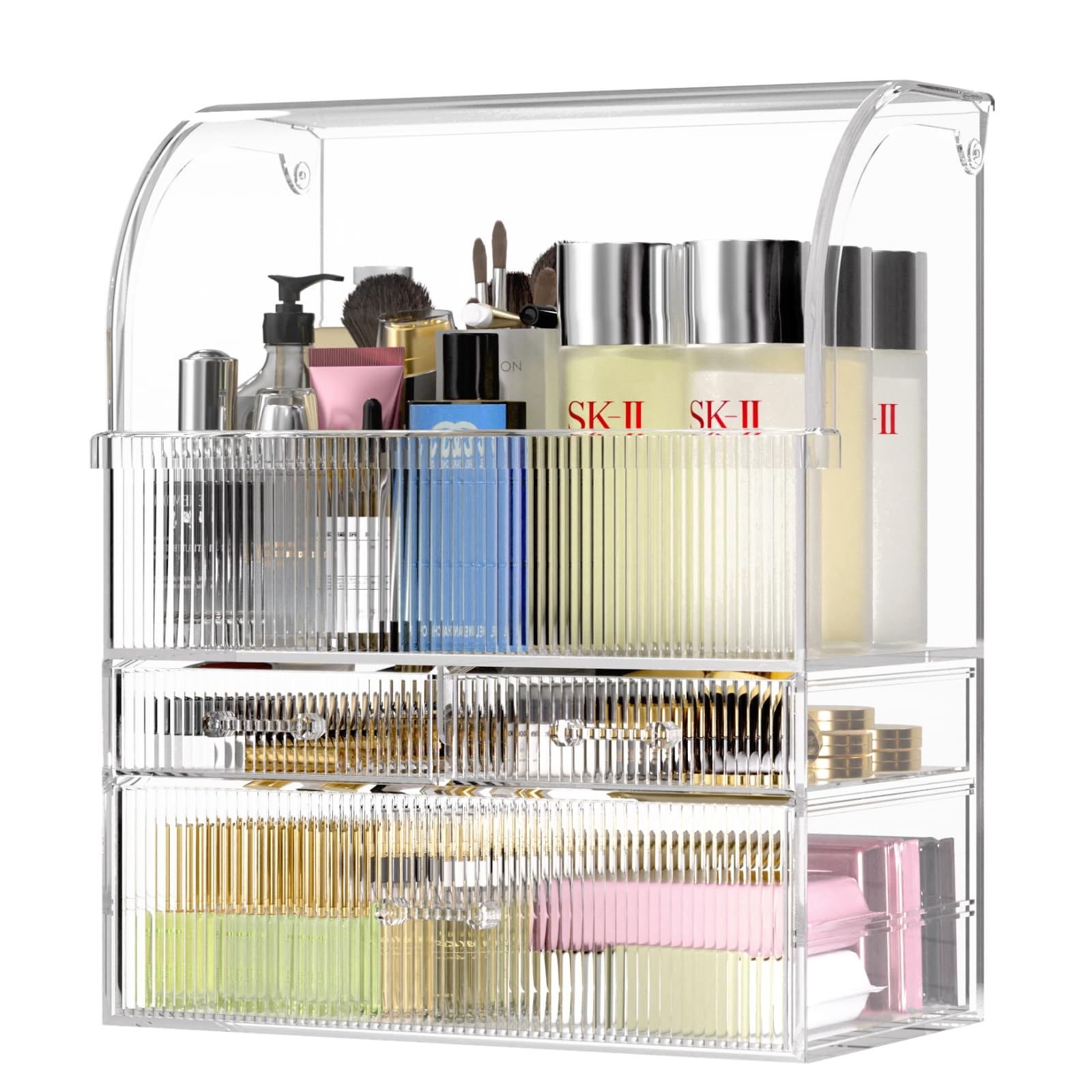 Makeup Organizer Skincare organizer - Large Capacity Cosmetic Organizer with 2-Layer Box, Dustproof & Waterproof Clear Makeup Organizer Countertop, Portable Vanity Organizer Box