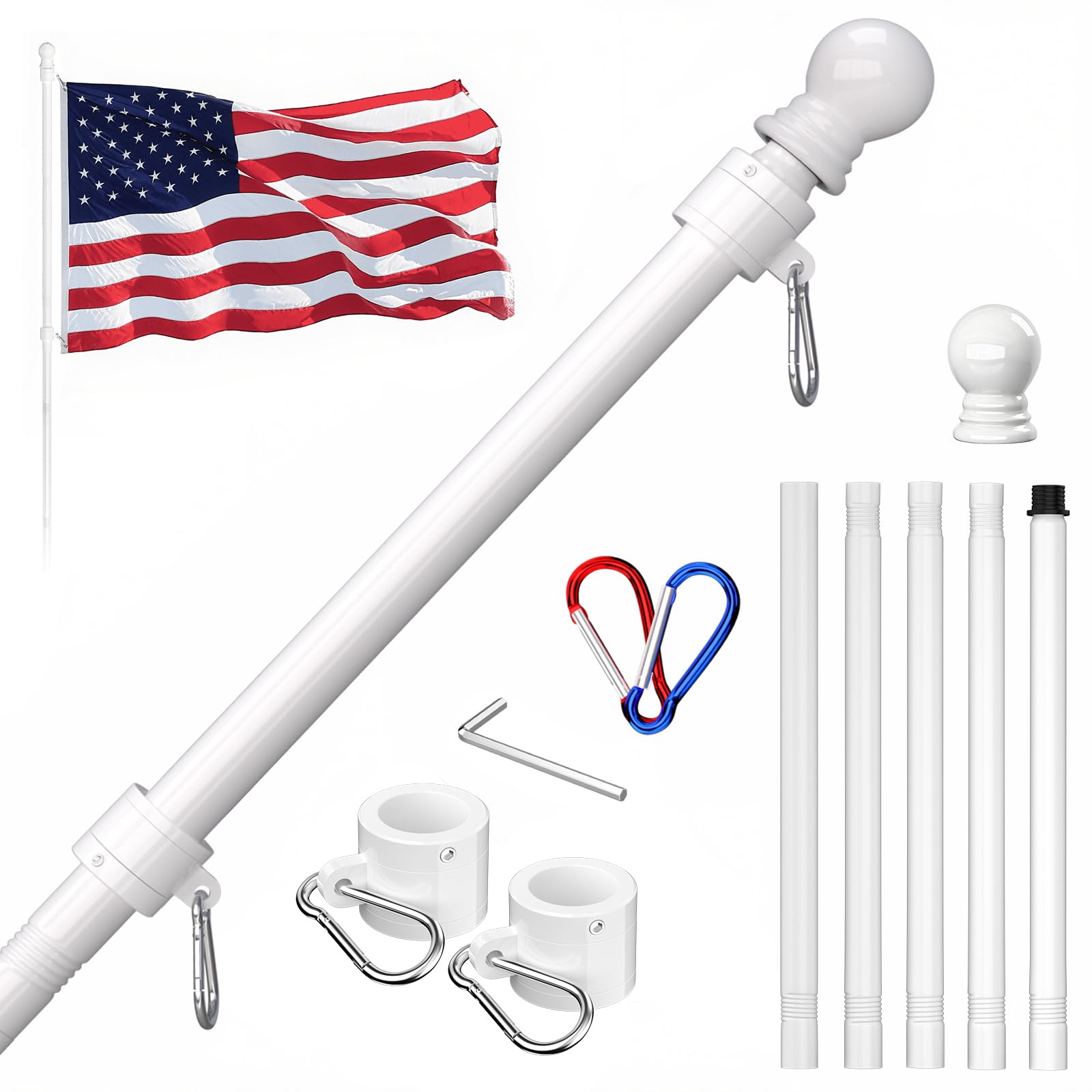 ZMTECH Mât De Drapeau, Kit De Mât De Drapeau De 180 Cm pour Drapeau, Mât De Drapeau pour Maison, Jardin, Résidentiel Ou Commercial (sans Drapeau, Blanc)