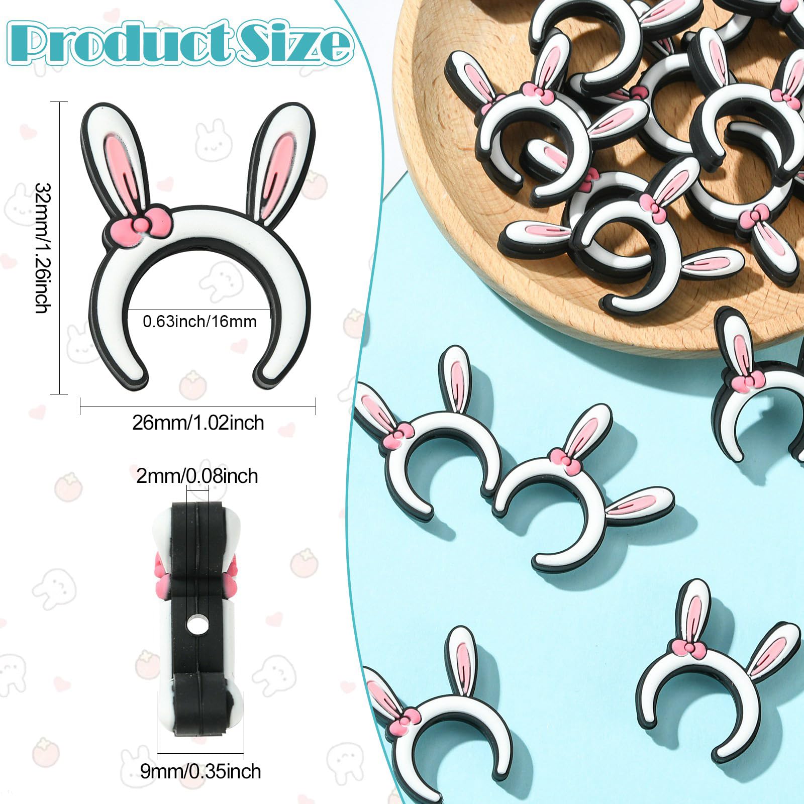 KitBeads 20Pcs Rabbit Ear Silicone Focal Beads Rubber White Rabbit Animal Beads for Pens Keychains Bracelets Lanyards Making Crafts Bulk