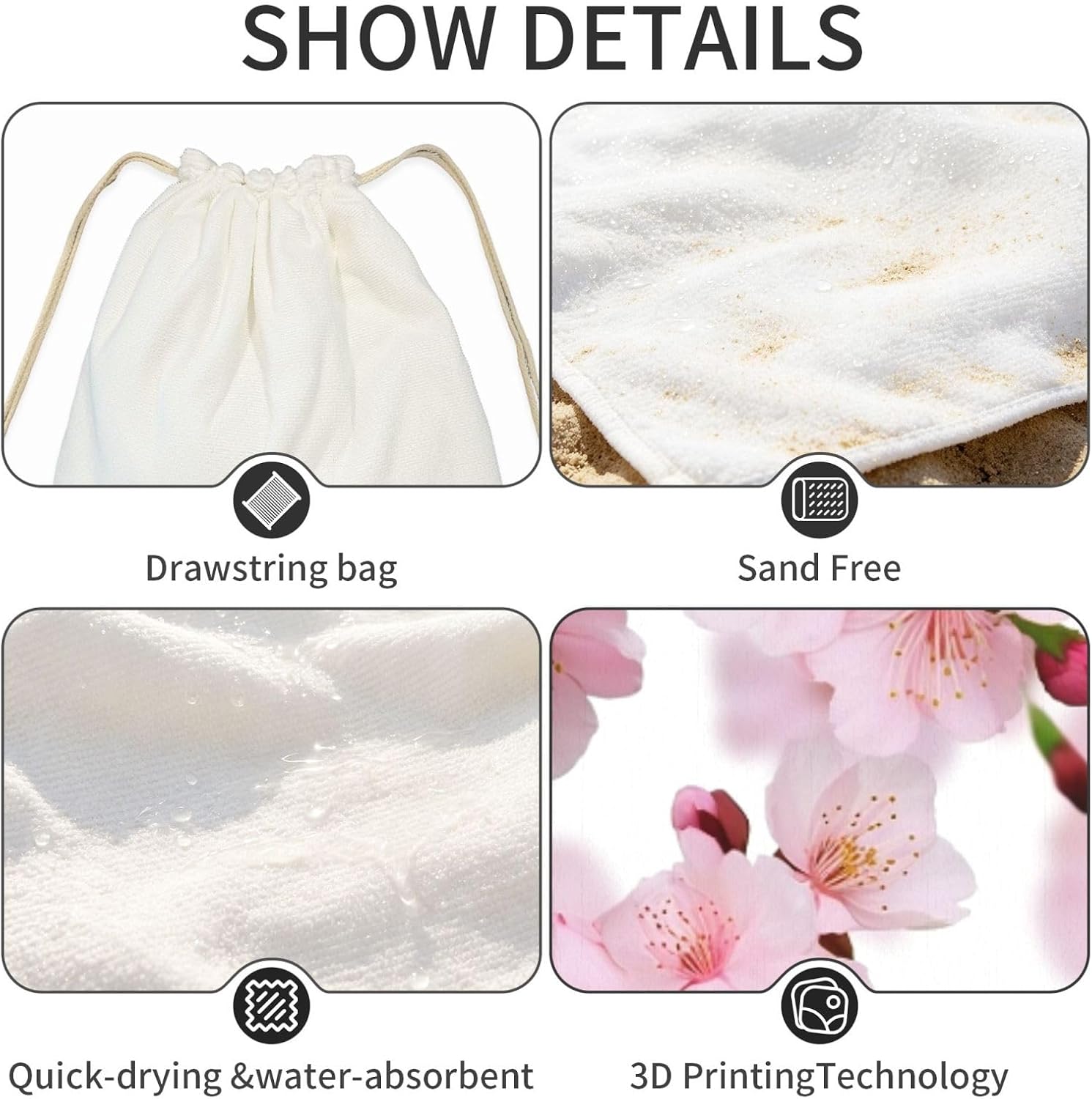 2 in 1 Packable Towel Bag,Soft Absorbent Pool Towels Backpack Quick Dry Lightweight Beach Towels Cherry Japanese Cherry Blossom Drawstring Bag for Travel Camping Sports Picnic image 4