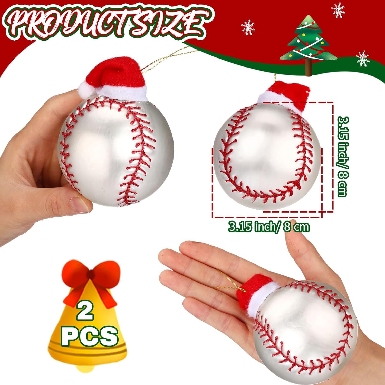 Realspring 2 Pieces Christmas Glass Sports Hanging Ornaments Hand-Painted Mini Christmas Tree Hanging Sports Ornaments for Party Xmas Tree Outdoor Garden Decoration(Baseball) - Image 3