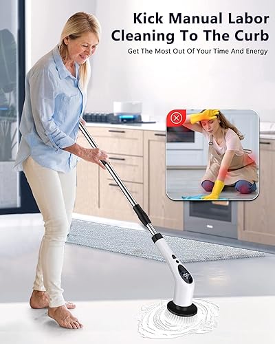 Miniatura 2 de Limpiador eléctrico giratorio, limpiador de ducha inalámbrico con 9 cabezales reemplazables, pantalla LED de 3 velocidades, cepillo limpiador de