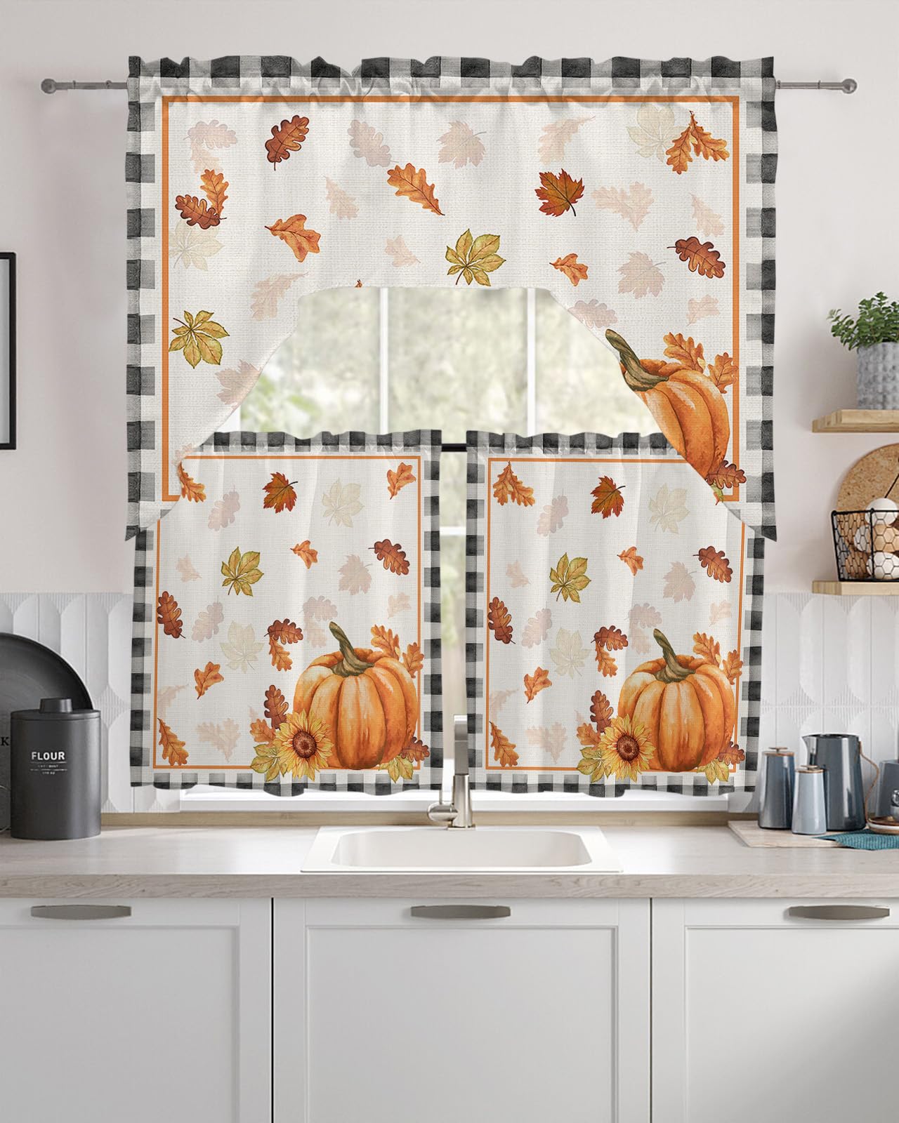 Thanksgiving Pumpkin Swag Kitchen Curtain Sets with Valance,3 Pieces Rod Pocket Curtain Drapes for Bedroom Living Room Bathroom Windows,Fall Maple Leaves Gingham Grid 56''x36'' & 36''x27.5''x2Panels