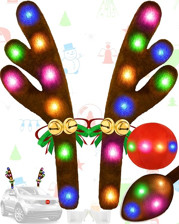 Christmas Reindeer Antlers Car Decoration Kit, LED Multicolor Lights Nose Vehicle with Jingle Bells Rudolph, Auto Holiday Accessories for SUV Van Truck Decor by Dergo - Used condition - US$16.81