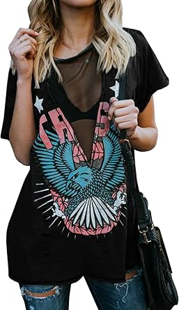 Karlywindow Womens Short Sleeve Graphic Tees Distressed Hawk Print Mesh V Neck Loose Sexy T-Shirt Tops