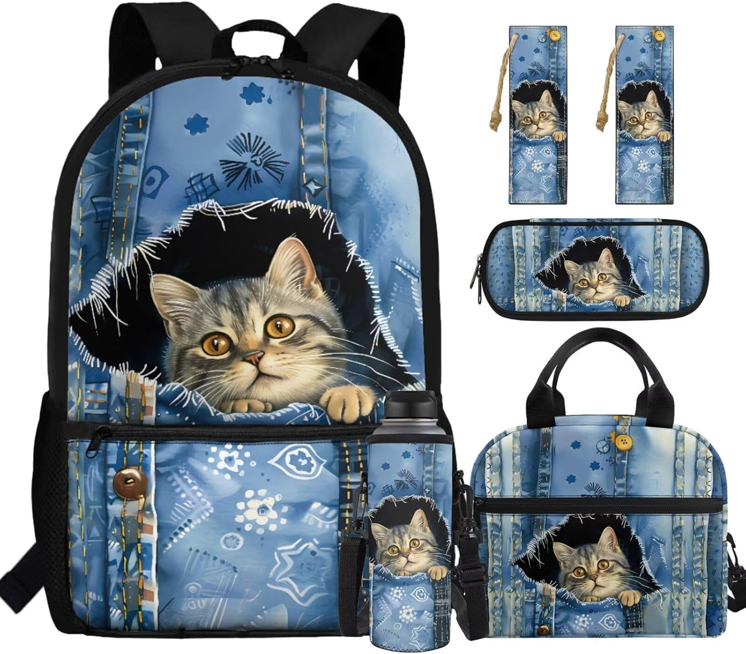 BIGCARJOB Cat Backpack for School Girls Bookbags Set - Lunch Bag Thermal Lunchbox - Durable Leather Bookmark - School Pencil Case - 5 Pack Back to School Backpack Set for 4th Grade Student