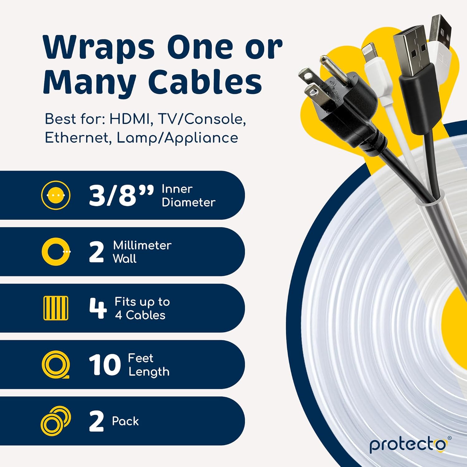 PROTECTO 2-Pack Heavy Duty Cord Protectors from Pets No Chew Solution, 10ft Easy to Use Dog & Cat Cord Protector, Clear & Odorless Critter Cord Cover for Pets, Power Audio Video Wire Protector Tubing