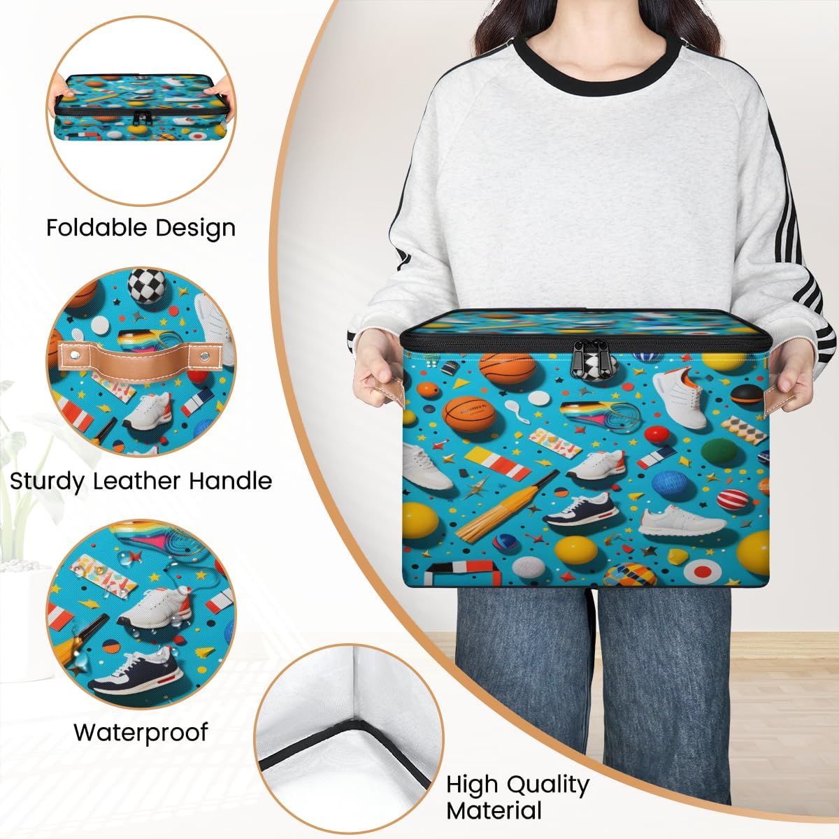 Storage Bin Set of 2 Sport Balls Storage Basket with Zipper Lid & Handle Foldable Closet Shelf 2 Pack Cloth Organizer Basket Cube Bins Clothes Organizer for Nursery, Bedroom