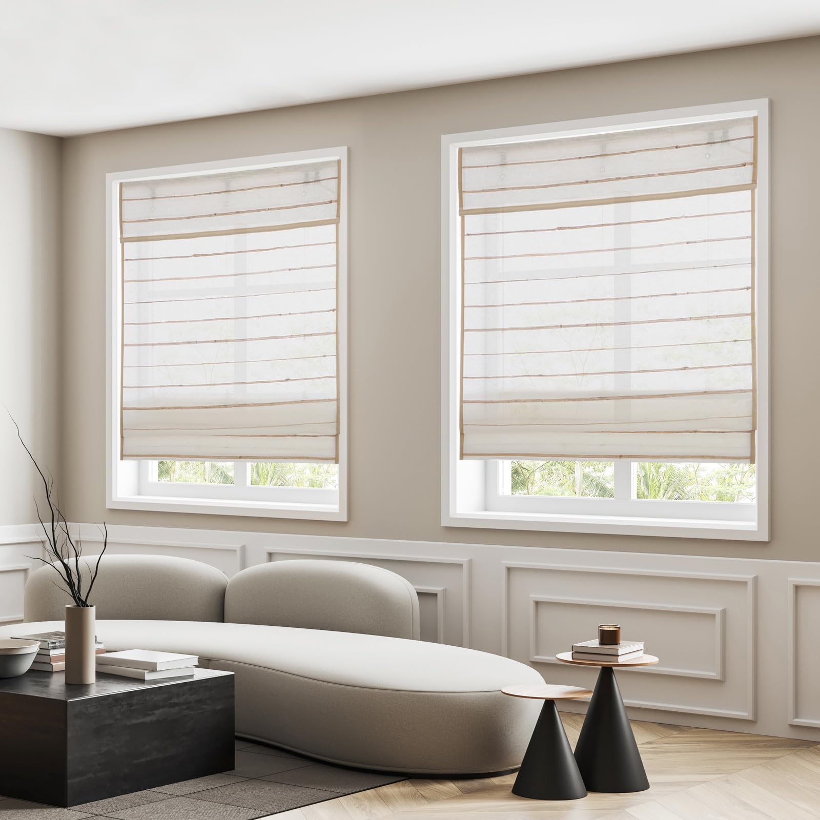 CHEFRU Linen Window Roman Shades, Beige Stripe, Cordless Light Filter/Sheer Window Blinds
