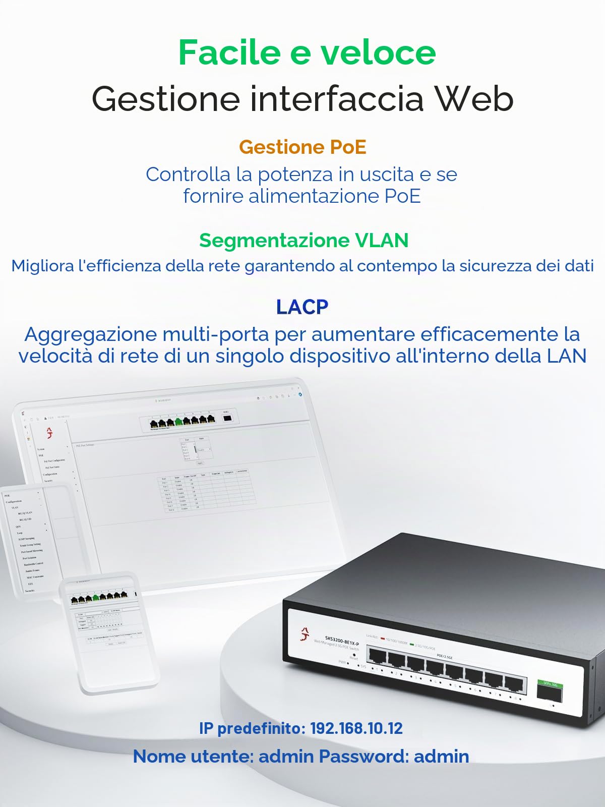 Switch XikeStor 9 Porte 2.5G PoE+ con 1x 10G SFP+ | 8 Porte PoE @30W, 140W Totale, IEEE 802.3af/at | Gestione Web, VLAN, LACP | Fanless | Per AP WiFi 6, Telecamere IP, NAS | Switch 2.5G PoE Web Managed VLAN/LACP/QoS/IGMP, per WiFi 6 AP, telecamera IP, NAS