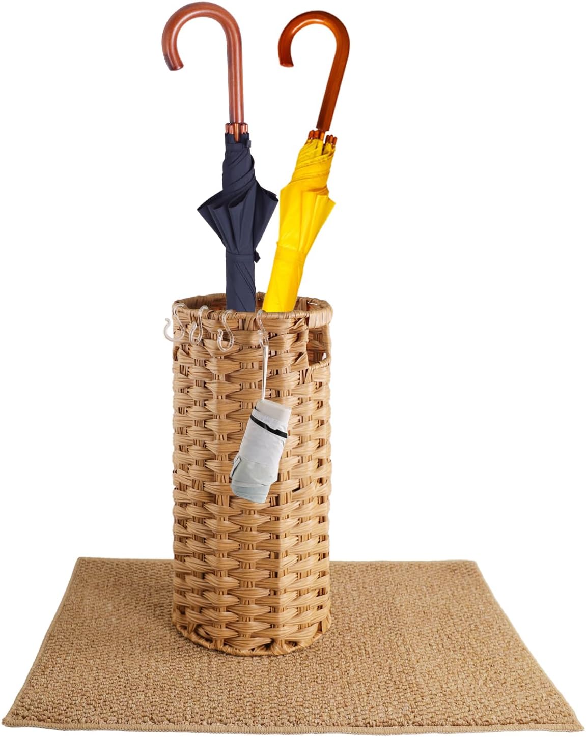 Rattan Umbrella Stand for Entryway,Hand-Woven Umbrella Holder Indoor with Doormat, Removable Drip Tray & 4 Hooks,Waterproof Umbrella Storage Basket