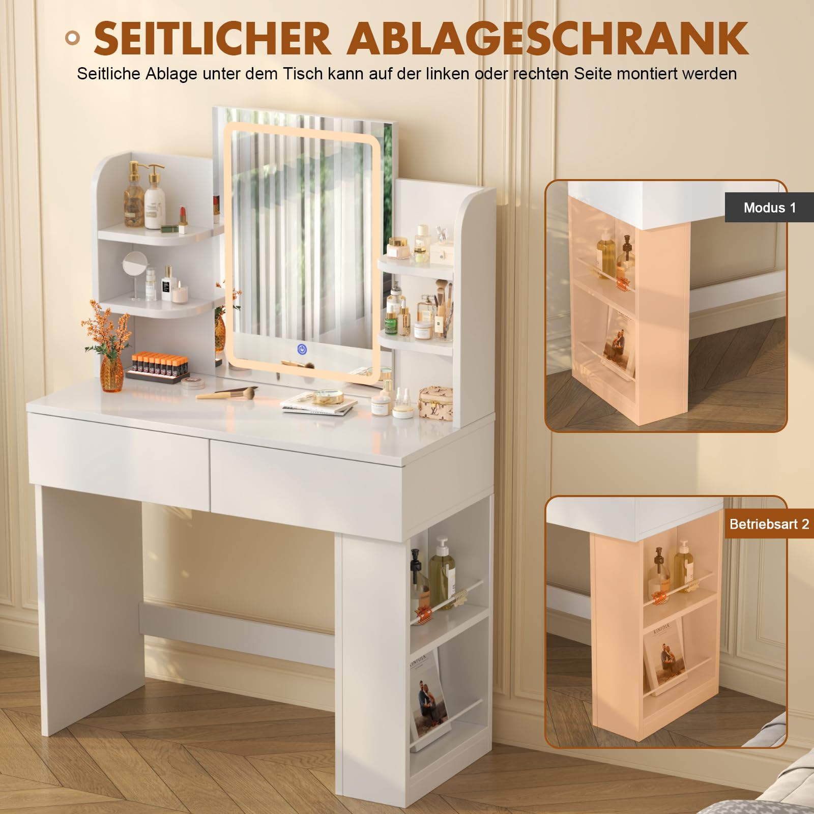 Devoko Schminktisch mit LED-Beleuchtung Spiegel, 3 Farben Verstellbarer Helligkeit, Frisiertisch mit 2 Schubladen, 4 Ablageböden, Modern, 90 x 40 cm für das Schlafzimmer, Weiß