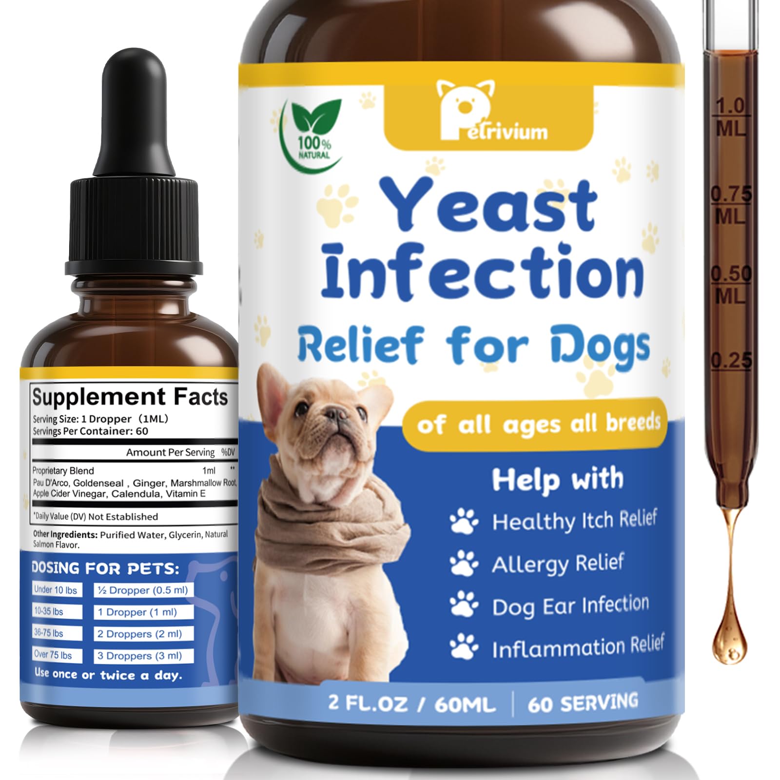 Yeast Infection Treatment for Dog, Natural Dog Yeast Infection Relief for Itchy Skin & Ear - Allergy & Paw Itching, Soothes Irritation & Reduces Inflammation Herbal Dog Supplement Drops