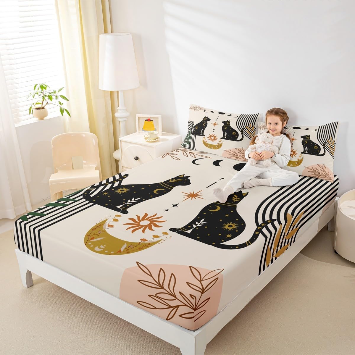 Cute Cat Silhouettes Fitted Sheet Full,Sun Moon Trippy Bedding Set 3pcs for Kids Teens Adults Room Decor,Floral Leaves Animal Bed Cover,Creative Colorful Bed Sheet with 2 Pillowcases image 3