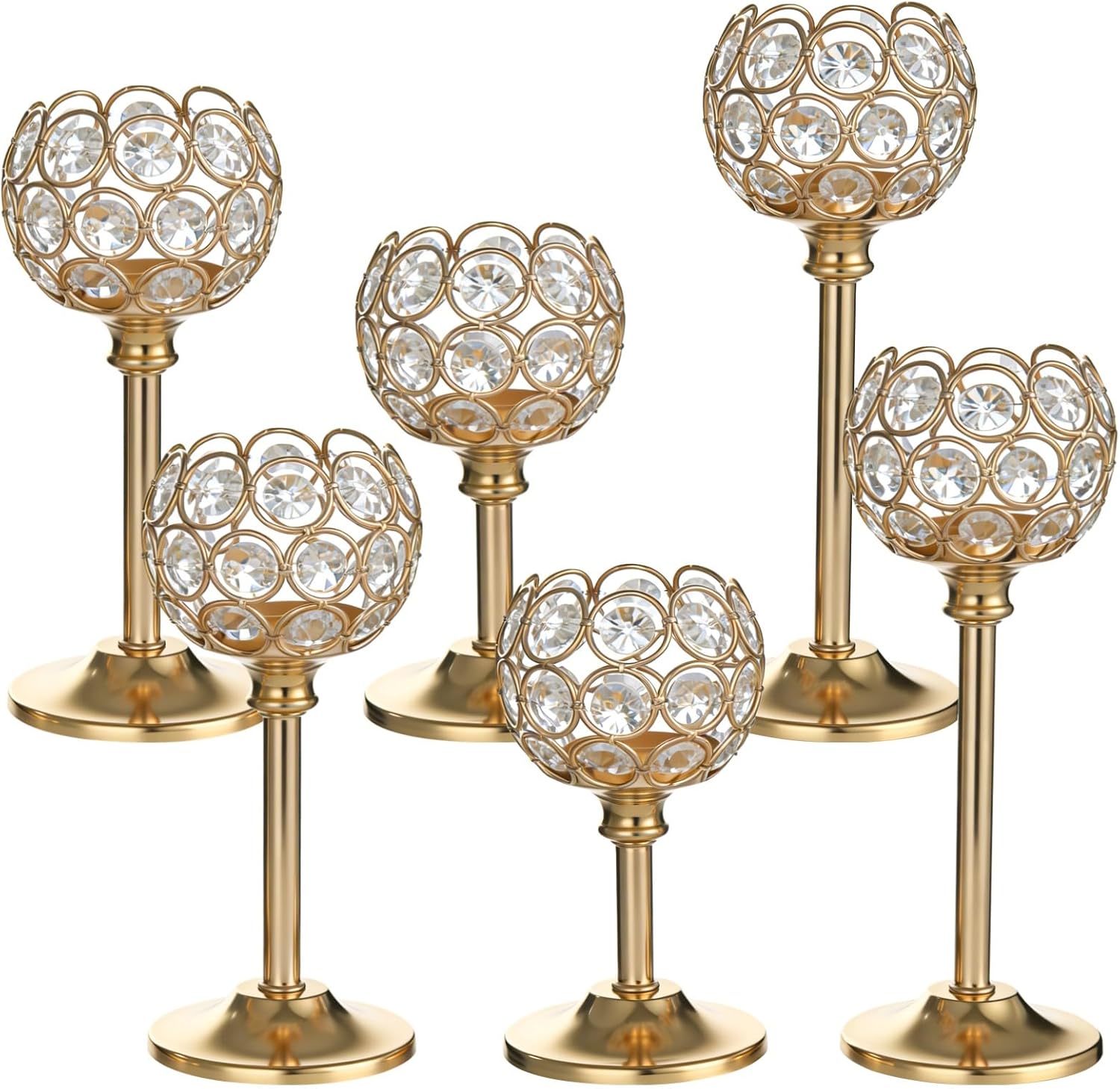 6 Pcs Crystal Candle Holders, 10.6 in Silver Candle Holders Set, Elegant Wedding Centerpieces, Metal Tealight Candle Holder for Table Decorations, Parties, Dining, Living Room